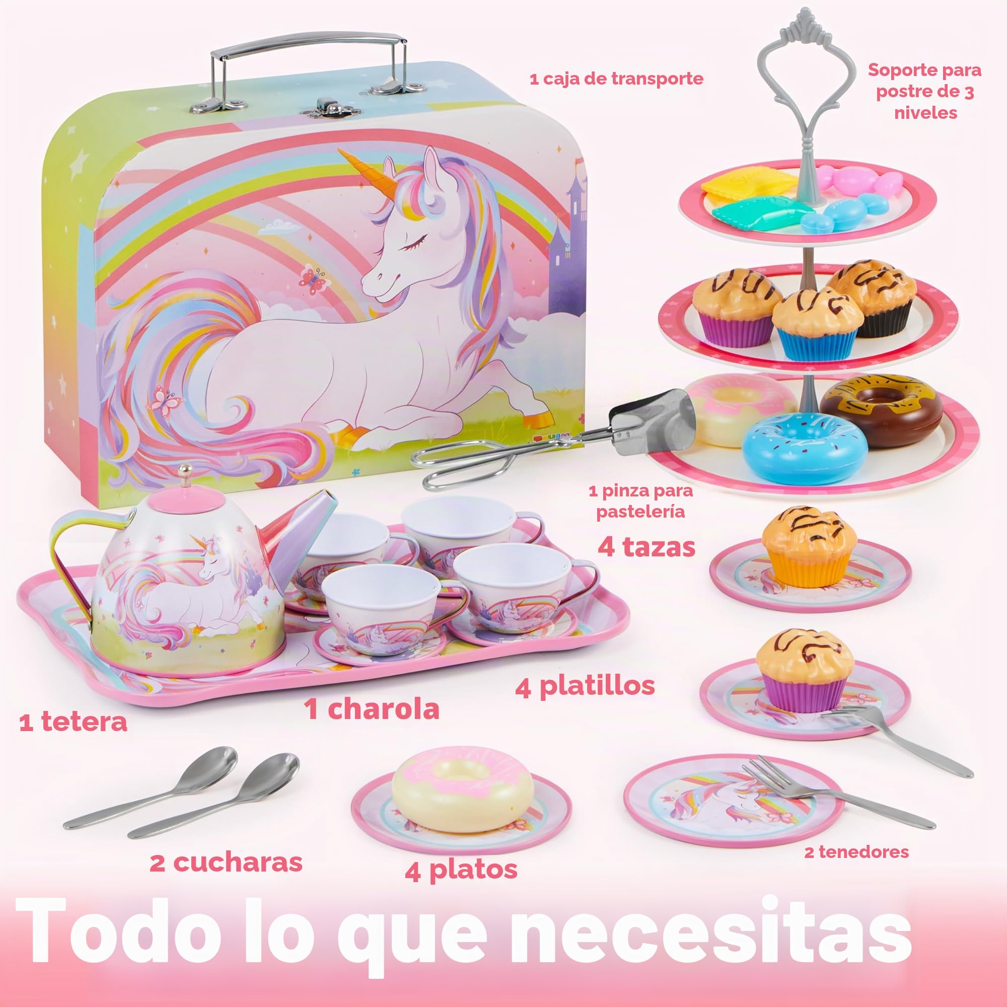 JOYIN Juego de 35 Piezas de Fiesta de té de Unicornio para niñas pequeñas, Juego de Tetera de Lata, Juguete de Cocina de Princesa con Postre, Regalo de cumpleaños para niños pequeños de 3 4 5 6 años