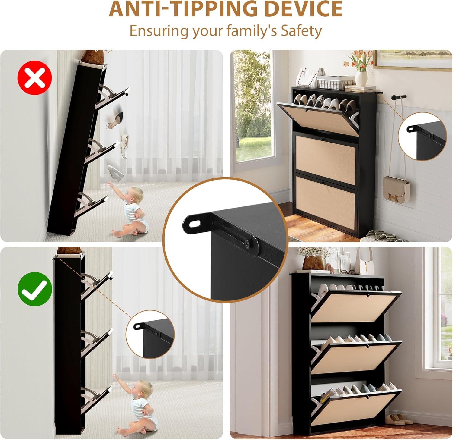 Narrow Shoe Storage Cabinet, 31.5" Slim Shoe Organizer with 3 Flip Drawer, Modern Hidden Shoes Cabinet for Entryway, Non-Divider Drawer Wood Shoe Storage for Hallway, Living Room (Black)