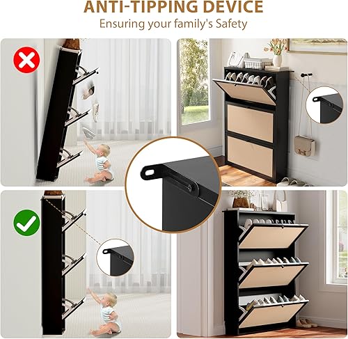 Vista 95 de Armario estrecho de almacenamiento de zapatos con 3 cajones abatibles, armario de madera para zapatos con cajón de puertas de lino, organizador