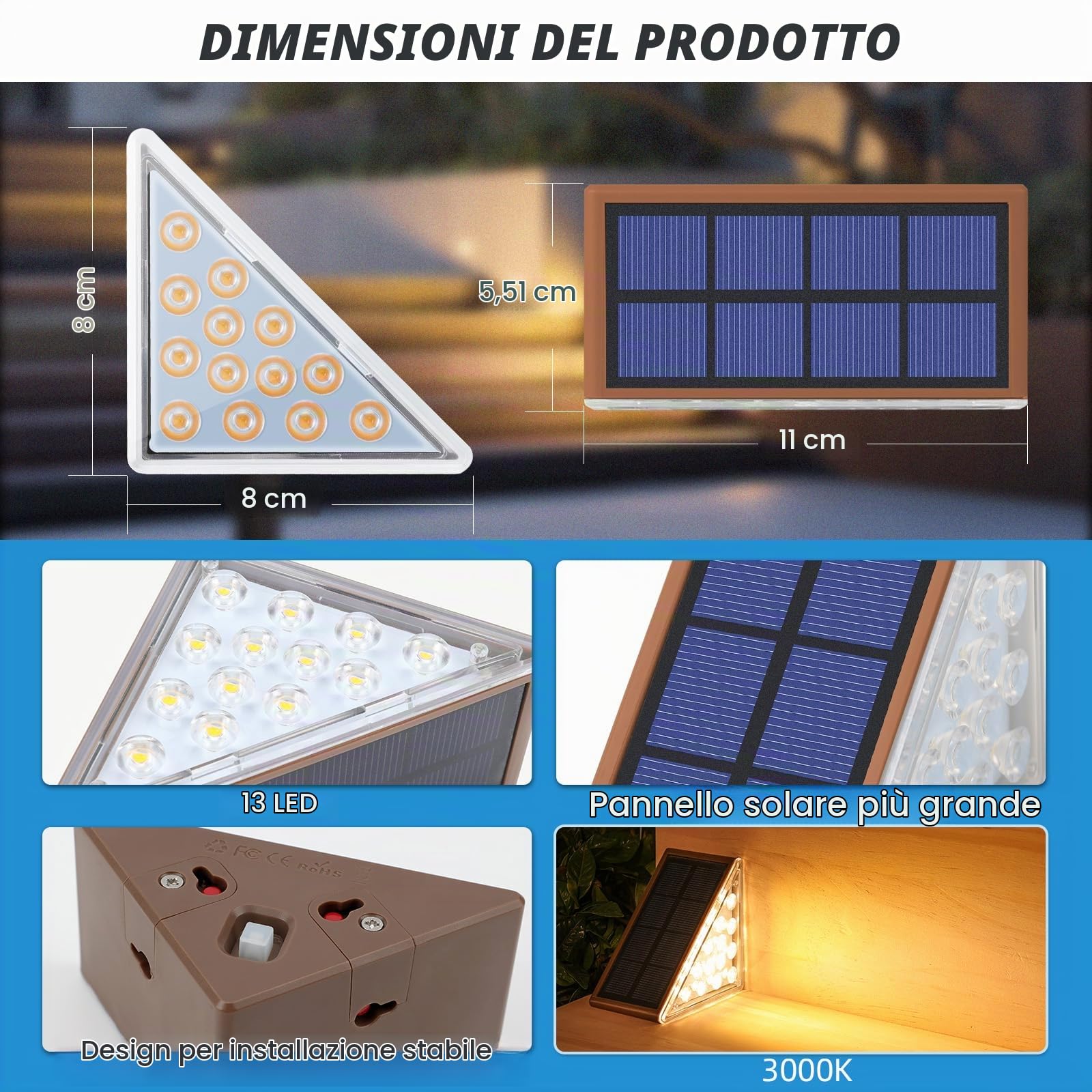 NIORSUN Luci Solari da Giardino, 6 Pezzi Luci per Scale Esterne, Impermeabili IP67 con 13 LED Luminosi, Bianco Caldo 3000k, Auto On/Off, per Scale, Gradini, Terrazze, Giardini, Verande, Vialetti