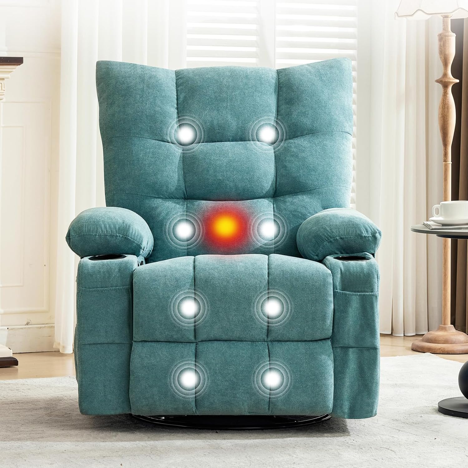 IDEALHOUSE Recliner Chair with Massage and Heat, Swivel Rocker Recliner Chair with Side Pocket, Cup Holders, Ergonomic Rocking Sofa for Living Room, Bedroom, Light Blue