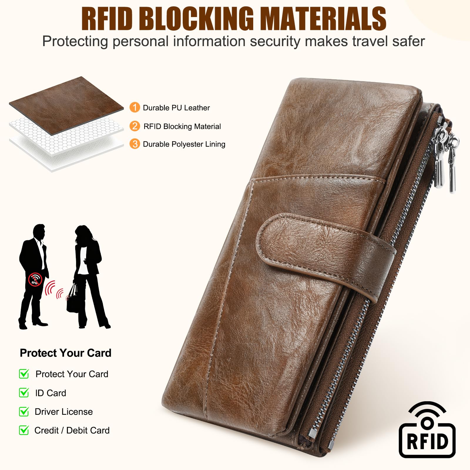 Portafoglio Donna Grande, Blocco RFID Portafoglio, Portafogli Donna in Pelle PU, Portacarte di Credito, Borsellino Doppia Cerniera, Portamonete Grande Capacità, 23 Scomparti Carte
