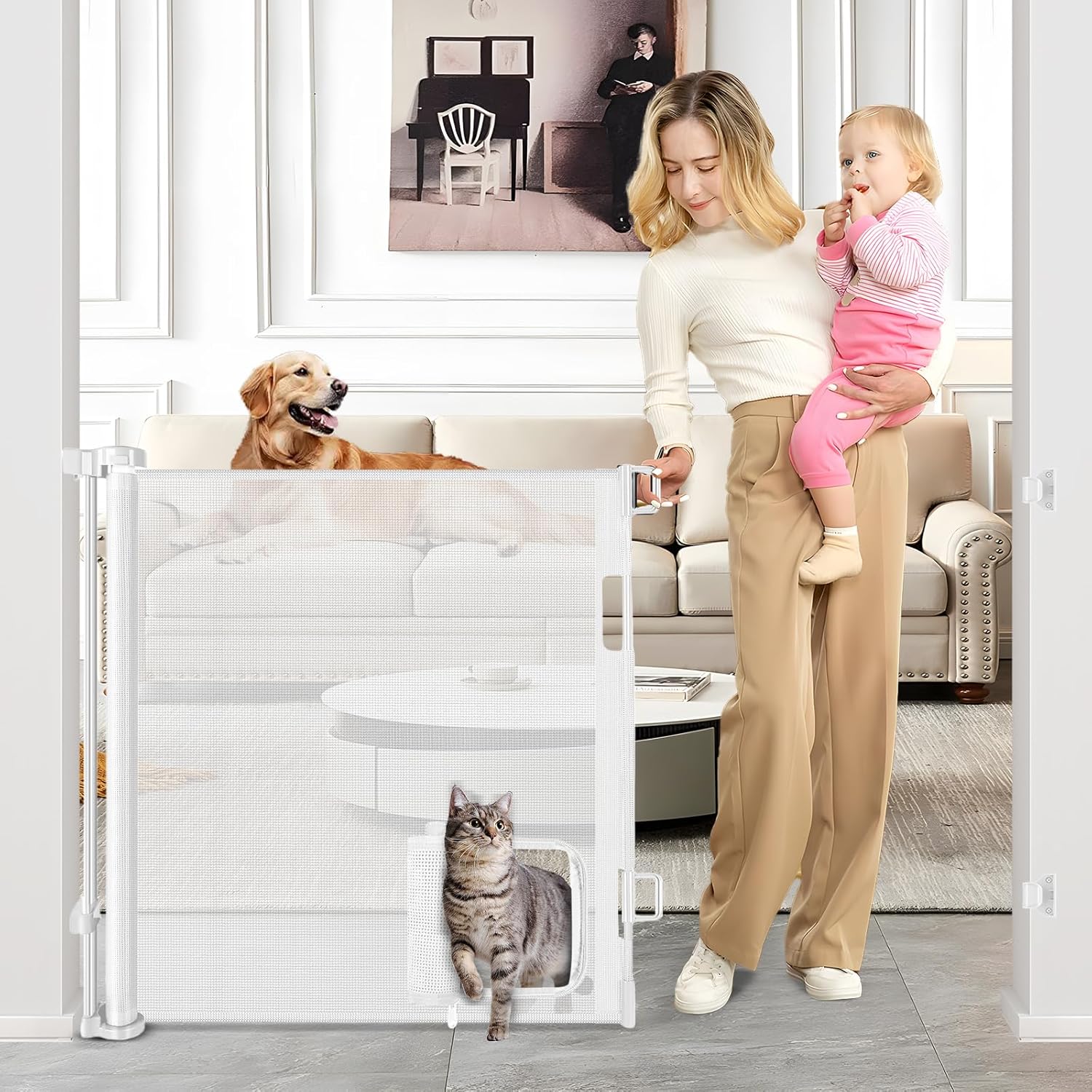Retractable Baby Gate with Cat Door 55" Wide Retractable Baby Gate for Stairs Mesh Baby Gate with Pet Door Retractable Dog Gate for The House Retractable Pet Gate with Door Safety Gates for Toddlers White 33" X 55"?With Cat Door ?