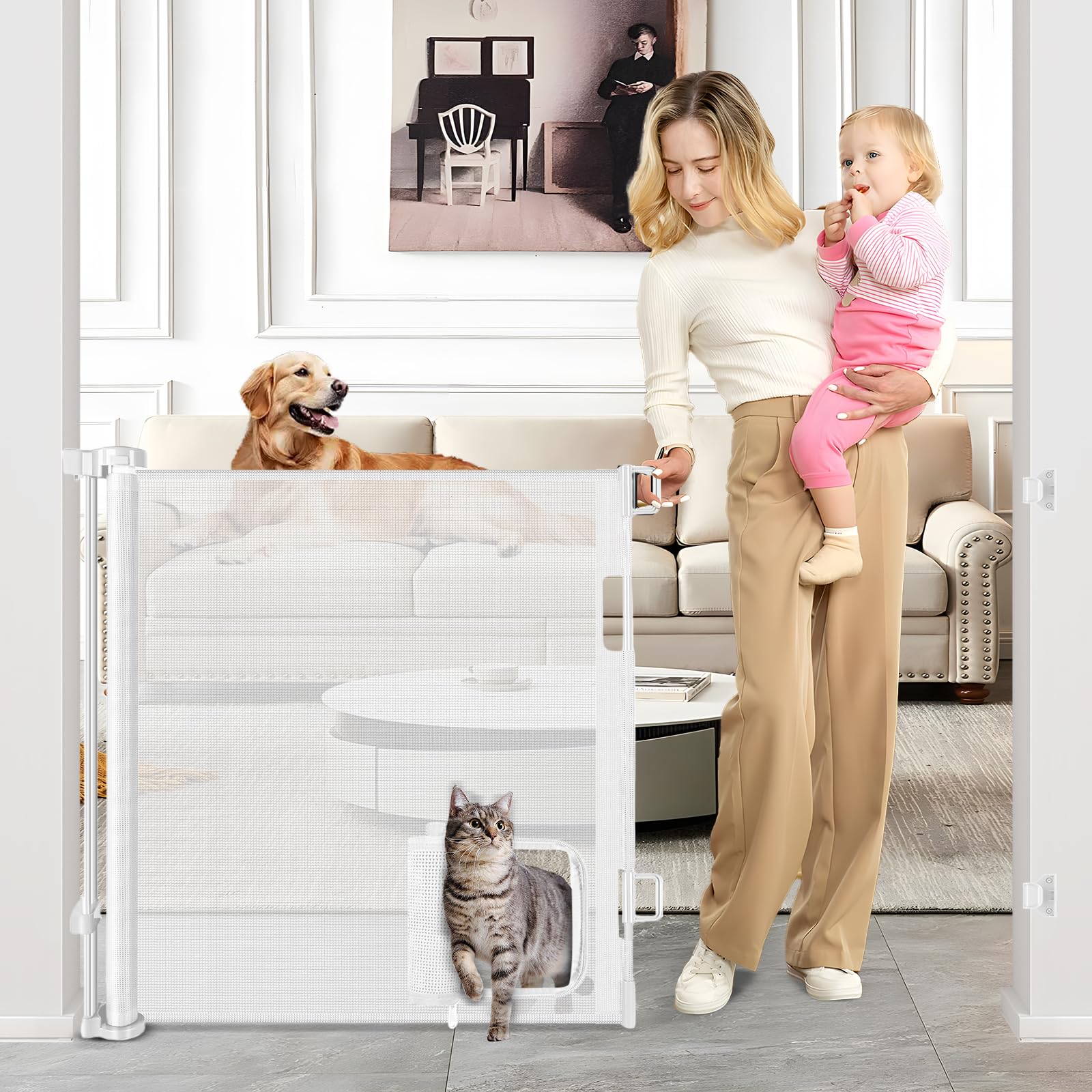 Retractable Baby Gate with Cat Door 55" Wide Retractable Baby Gate for Stairs Mesh Baby Gate with Pet Door Retractable Dog Gate for The House Retractable Pet Gate with Door Safety Gates for Toddlers