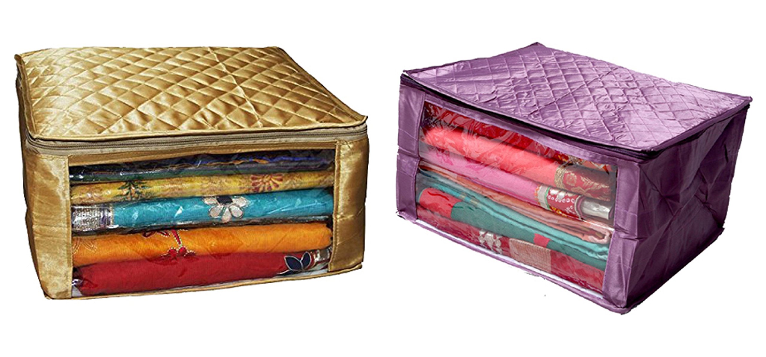 Kuber Industries Quilted 2 Piece Satin Saree Cover Set, Purple and Golden
