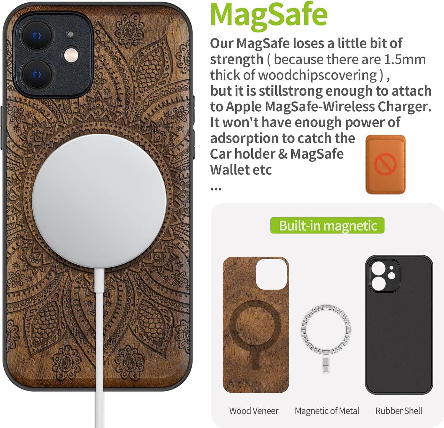 Carveit Magnetic Wood Case for iPhone 12 Case [Natural Wood & Soft TPU] Shockproof Protective Unique & Classy Wooden Cover Compatible with MagSafe (Gorgeous Flower Pattern -Walnut)