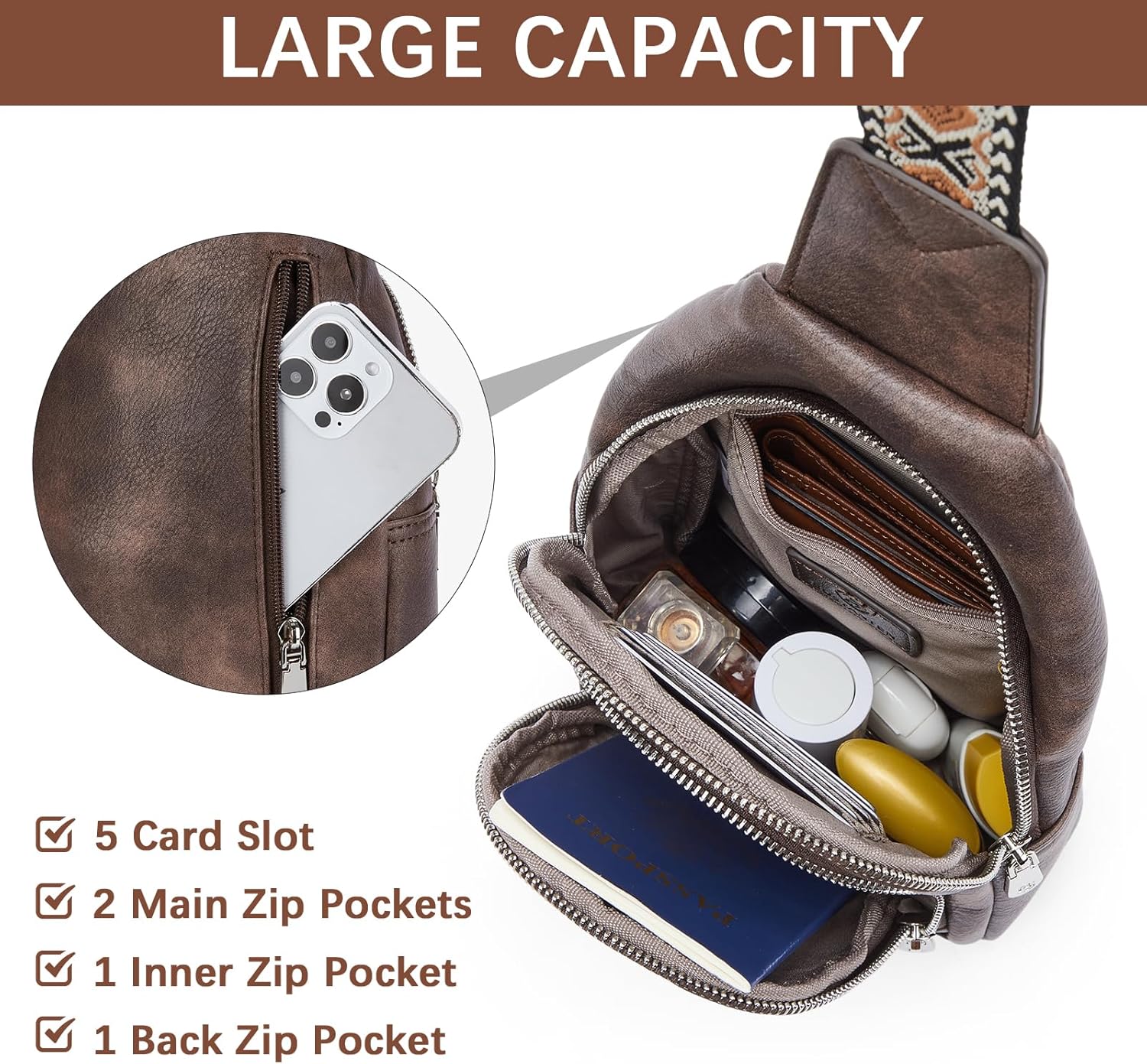 BOSTANTEN Sling Bag for Women Leather Crossbody Bag Vintage Cross Body Purse for Travel with Guitar Strap, Bohemian Style - Image 3