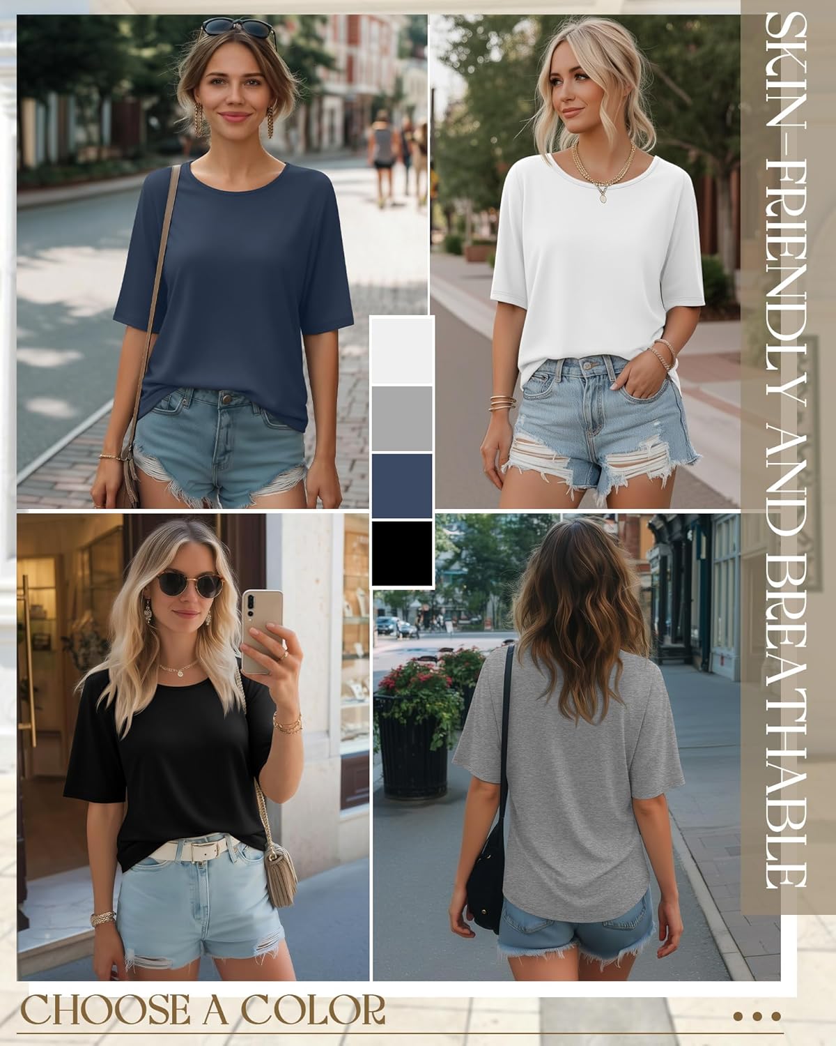 Neer 4 Pack Women's Half Sleeve Top Elbow Length T Shirt Oversized Round Neck Tee Summer Casual Tops - Image 2