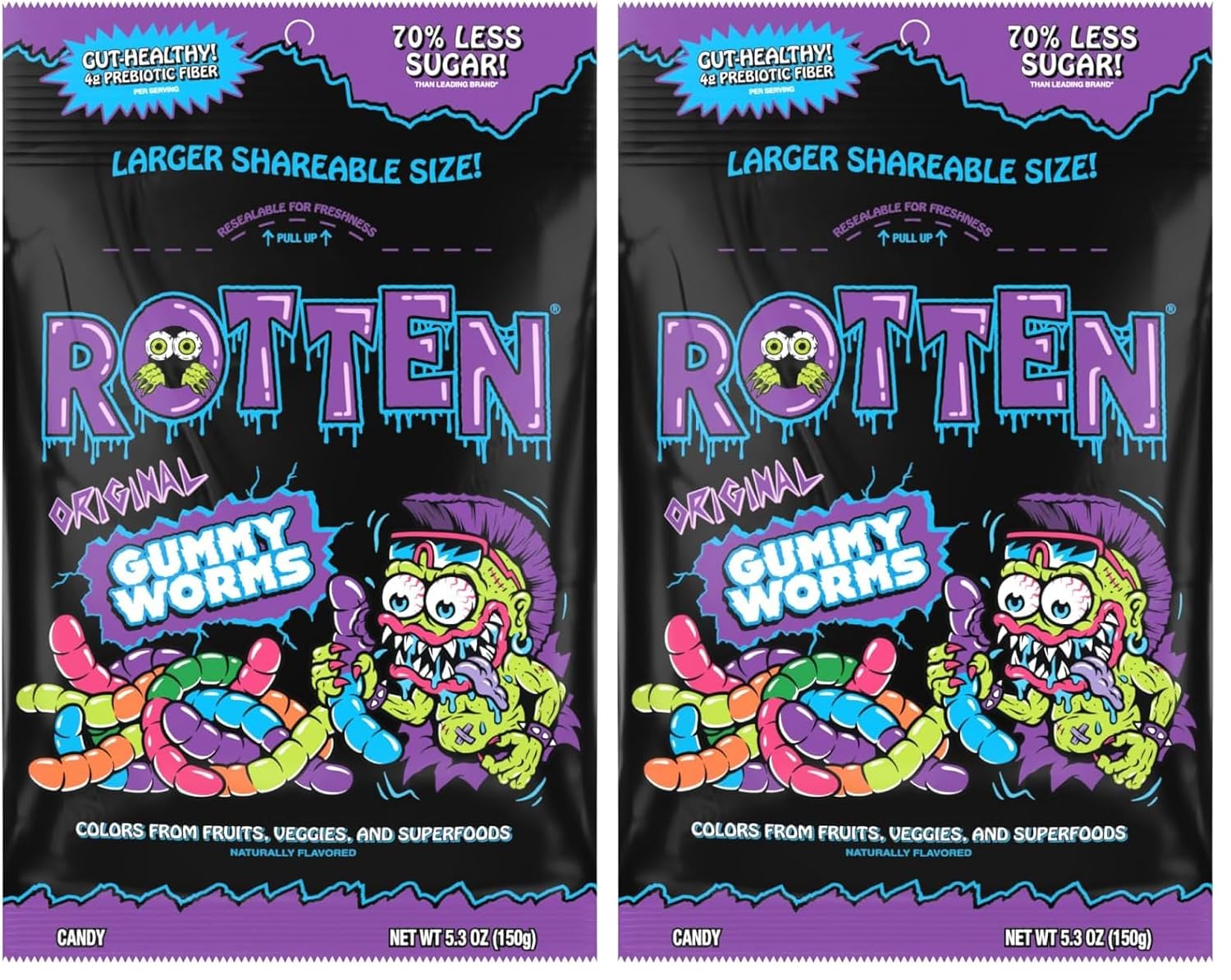 Rotten Original Gummy Worms - Low Sugar, Low Calorie, 7g Gut-Friendly Prebiotic Fiber and 3g Protein, Gluten Free Candy - 5.3 oz Share Pack (Pack of 2)