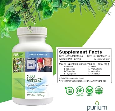 Purium Super Amino 23-150 Vegan Tablets - BCAA & Essential Amino Acid Dietary Supplement, Pre Workout, Recovery Aid, May Help Build Muscle - Gluten Free - 30 Servings