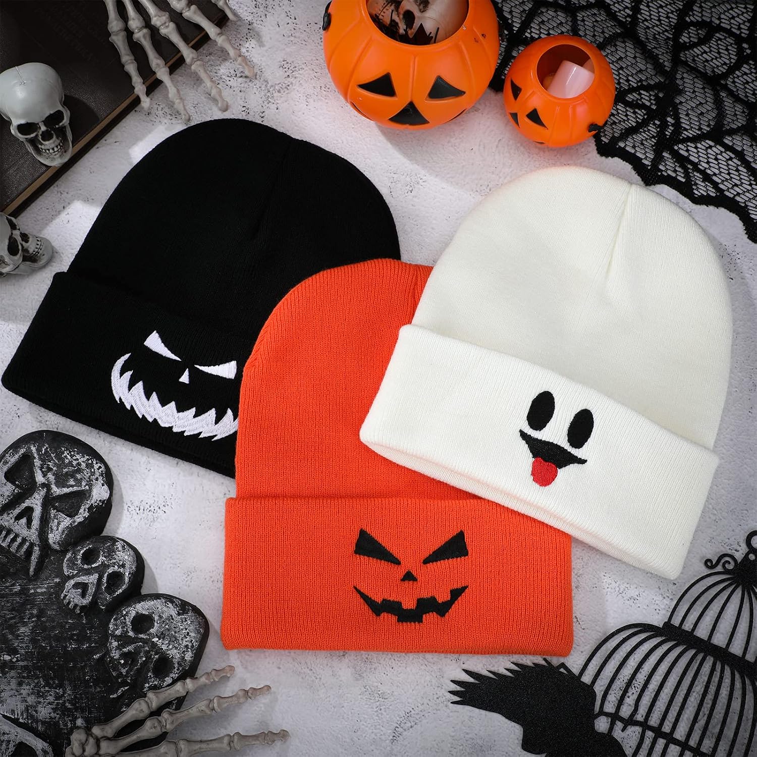 Jetec 3 Pcs Halloween Beanie Hat Skull Knit Cap Ghost Slouchy Pumpkin Face Beanie Funny Warm Headwear Soft Winter Hat