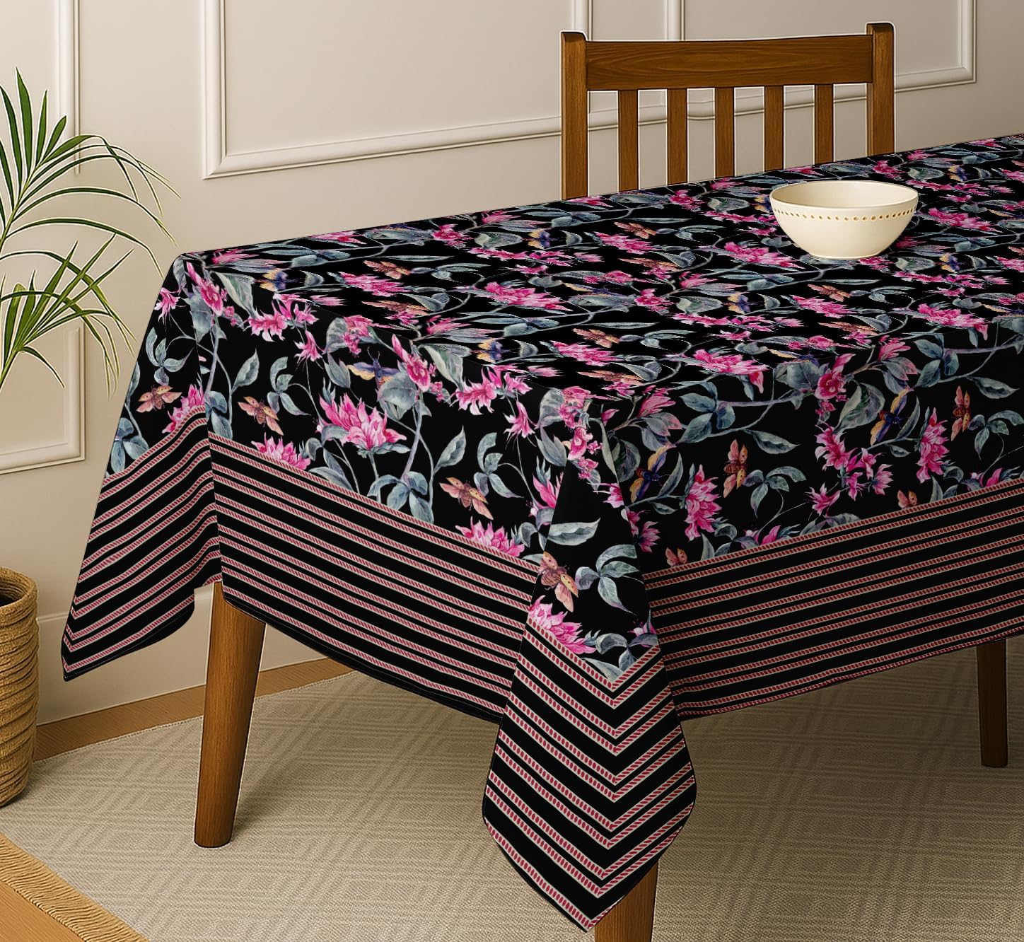Floral Design Tablecloth- Black 60x60 Inch Cotton Twill Dining Table Cover, Perfect for 4 Seater Tables, Durable, Protective & Washable, Ideal for Everyday Use, Festive Occasions & Gathering