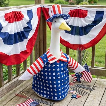 4th of July Porch Goose Outfit Set Patriotic Blue White Red Clothes with Hat for 23 Inch Cement Statue Outdoor Porch Yard Lawn Patio Decor Blue, One Size