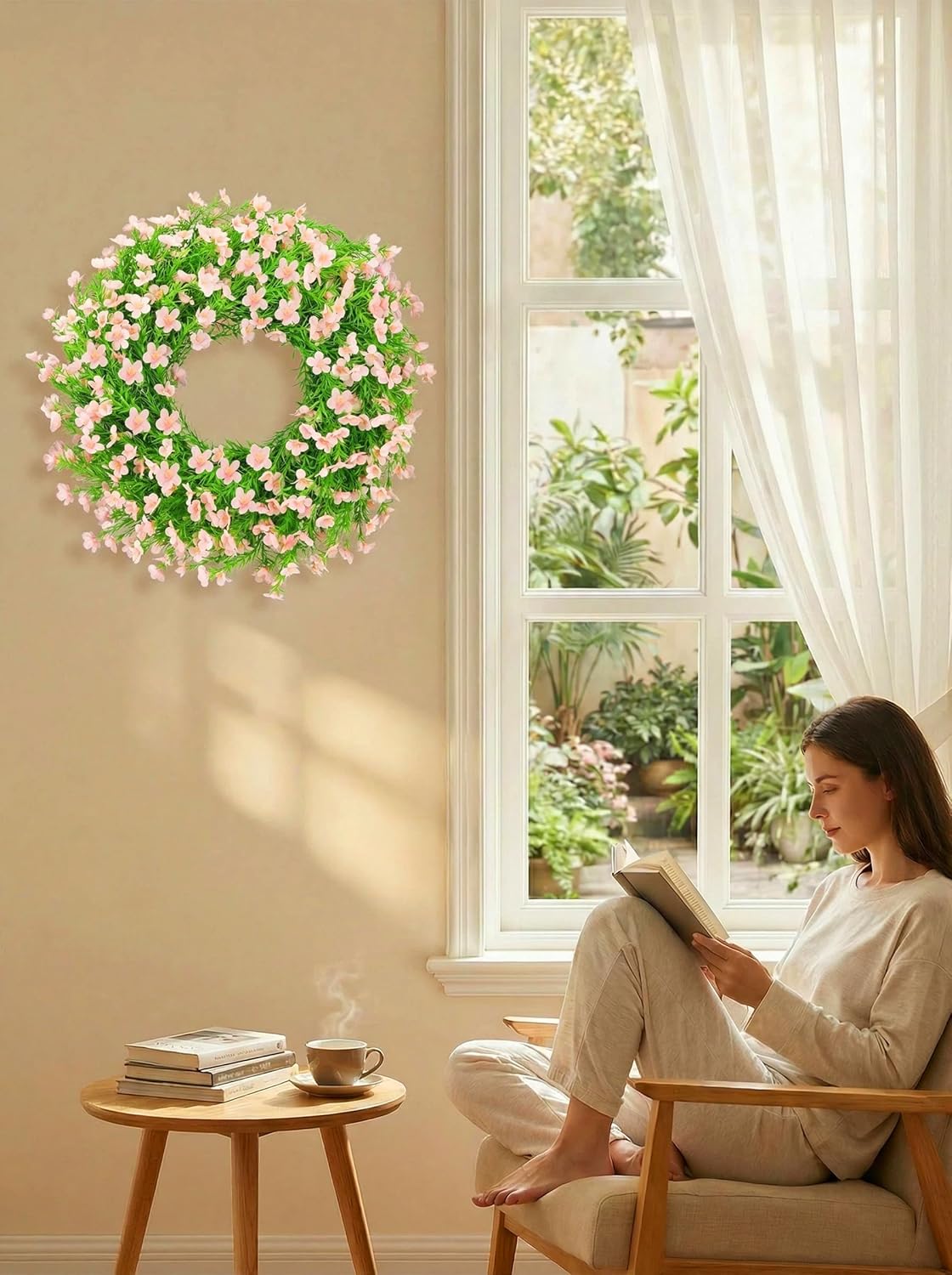 Spring Wreaths for Front Door 24 Inch Artificial Summer Wreath with Colorful Silk Flowers for Home Farmhouse Indoor Outdoor Wall Décor-Pink - Image 3