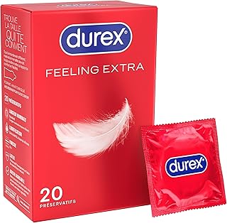 Durex Préservatifs Feeling Extra - 20 Préservatifs Fins et Extra Lubrifiés Pour Plus de Sensations - Taille Standard