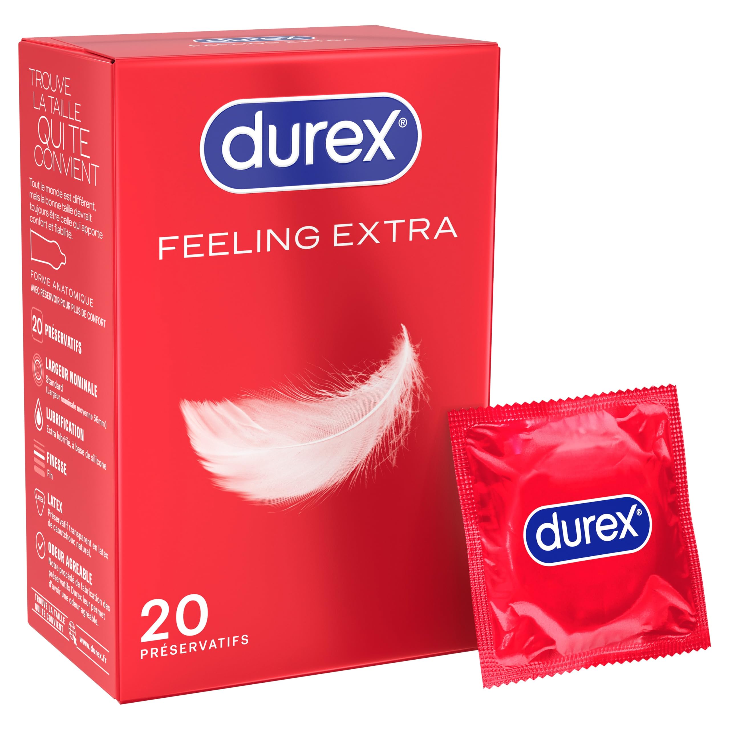 Durex Préservatifs Feeling Extra - 20 Préservatifs Fins et Extra Lubrifiés Pour Plus de Sensations - Taille Standard