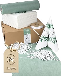 100%Mosel Tischdeko-Set – Eukalyptuskranz & Fisch (25–50 Gäste) – Komplettset für Kommunion & Konfirmation mit Vlies Tischläufer, Airlaid Servietten, Streudeko & Satinband