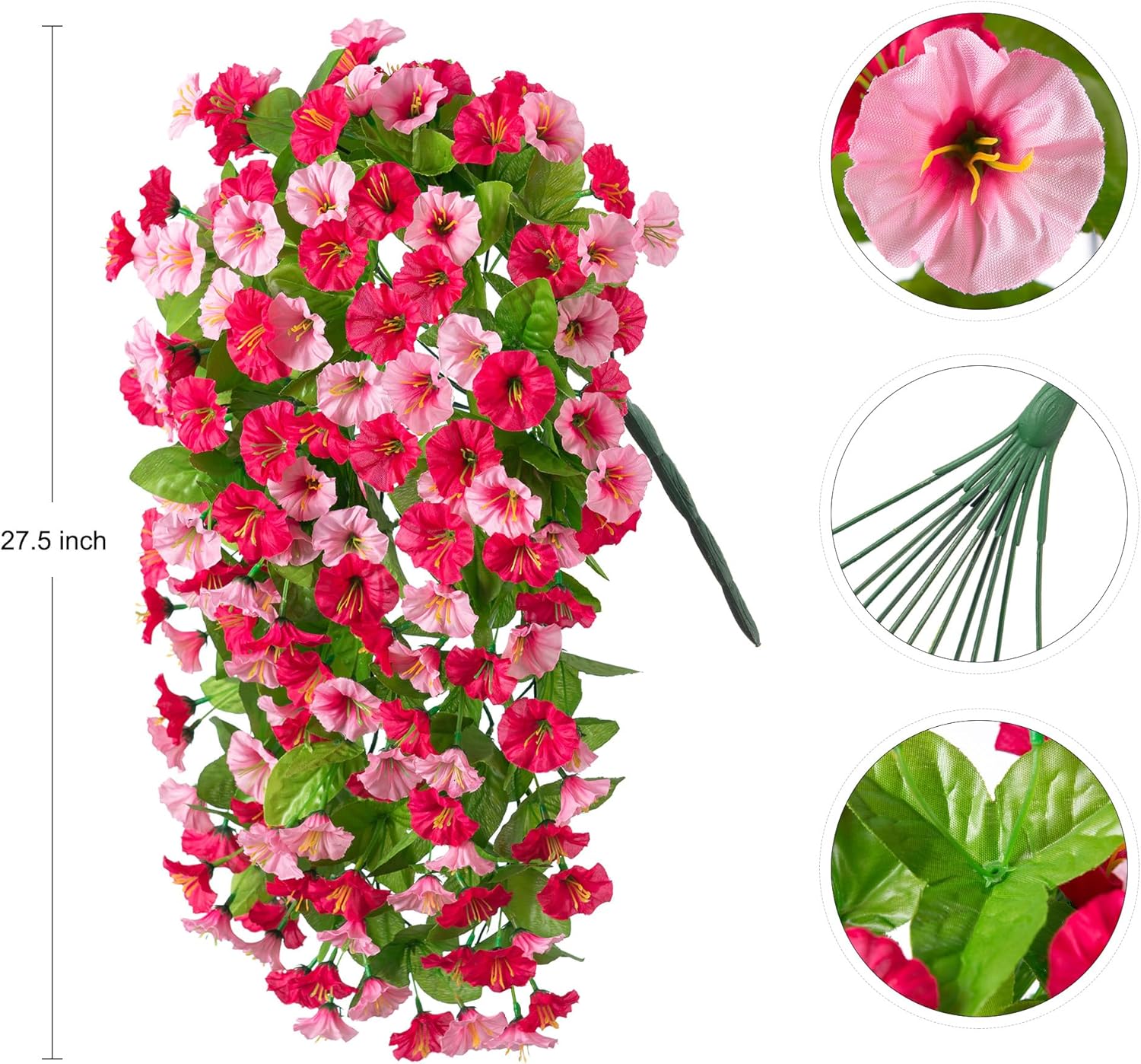 Artificial Fake Hanging Flowers Plants for Outdoor Decoration, 2PCS Faux Silk Morning Glory Long Vines Stems UV Resistant Look Real for Spring Summer Outside Home Porch Patio, Red Pink - Image 3
