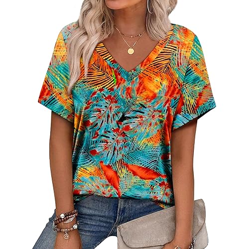 Womens Summer Tops 2026 V Neck Short Sleeve Shirts Trendy Dressy Casual Vacation Outfits Printed