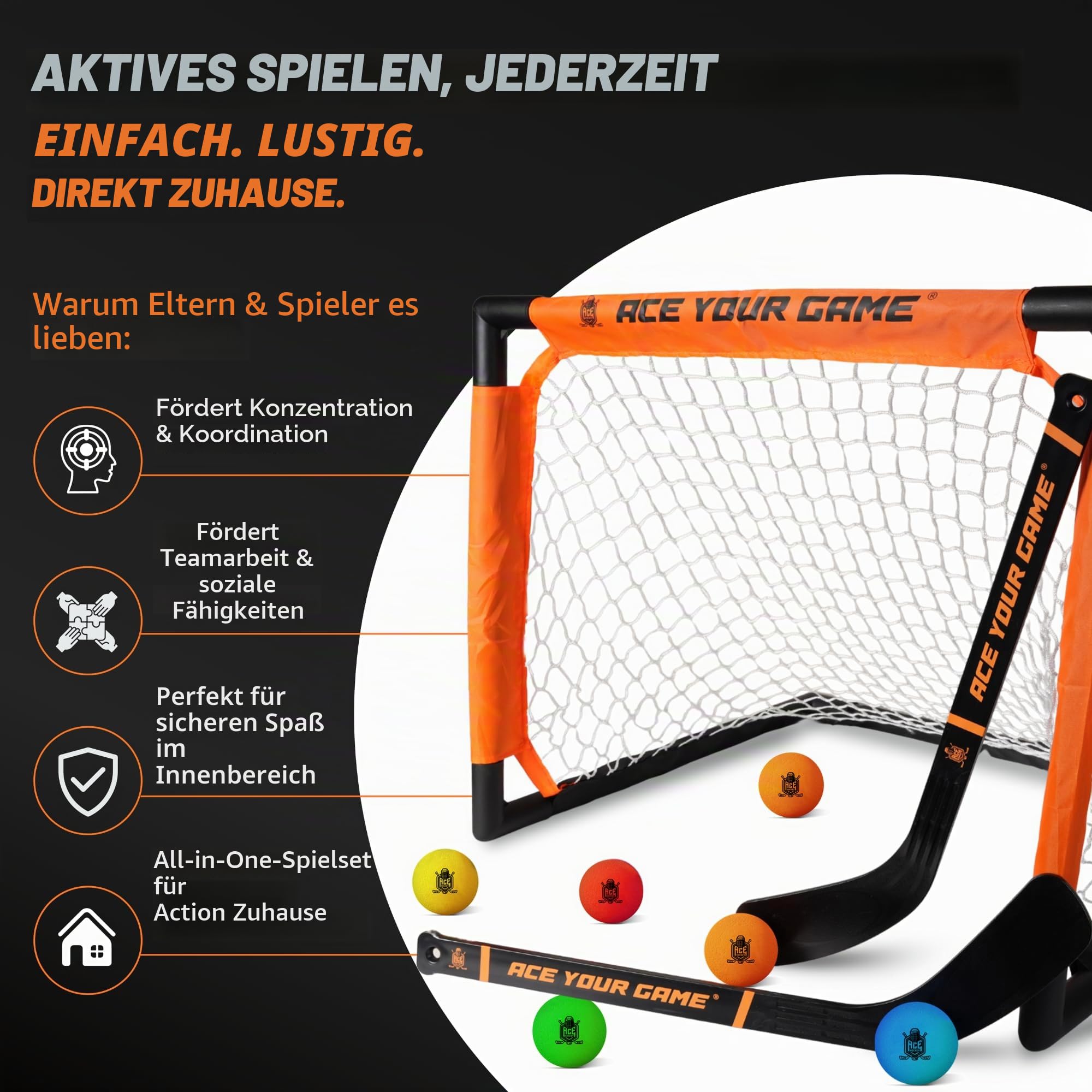 ACE Hockey - Shinny Hockey-Set – Komplettes Set für 4 Spieler drinnen und draußen – Kniehockey-Tor-Set (2) Tore, (2) Mini-Schläger und (6) Schaumstoffbälle – Mini-Hockey-Set