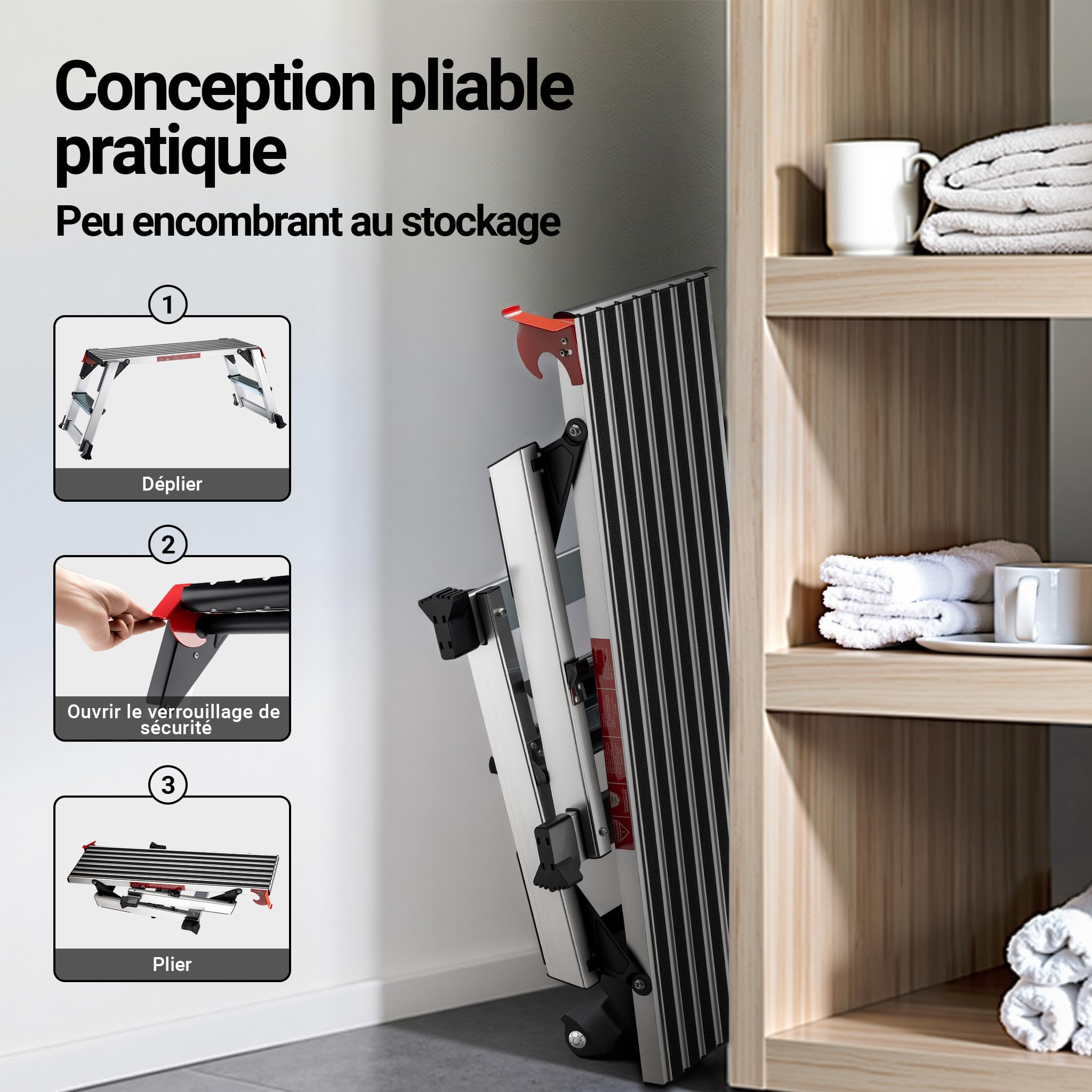 Wiltec Plateforme de Travail – 126 x 52 x 49 cm – Surface de marchepied 95 x 30 cm – Escabeau Pliable en Aluminium – Plate-Forme échelle antidérapante
