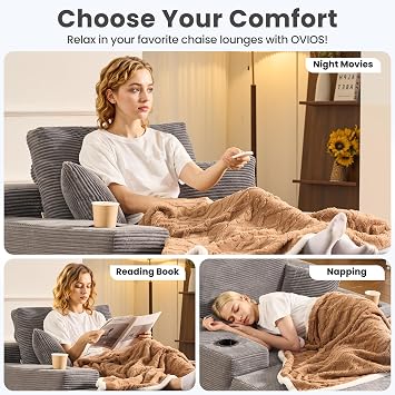 ovios 67'' Chaise Lounge Chair Indoor, Oversized Upholstered Boneless Sofa Bed with Cup Holders, Deep Seat Sleeper Couch, Plush Cloud Sofas Couches for Living Room (Corduroy, Grey)