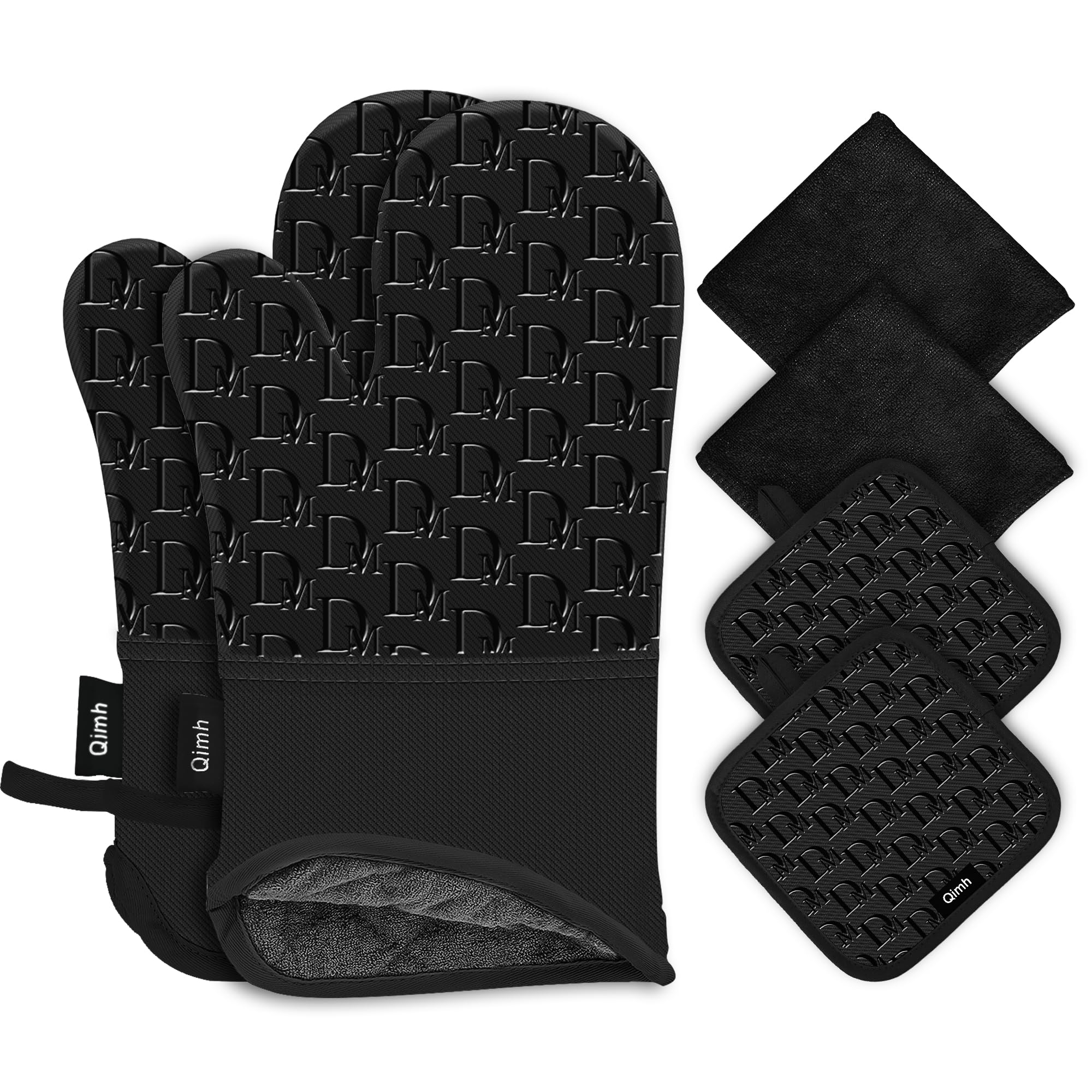 QiMHOven Mitts and Pot Holders, 6 Pcs Kitchen Oven Mitts Set with Towels, High Heat Resistant 500℉ Extra Long Non-Slip Silicone Surface Oven Gloves for Baking, Cooking, BBQ
