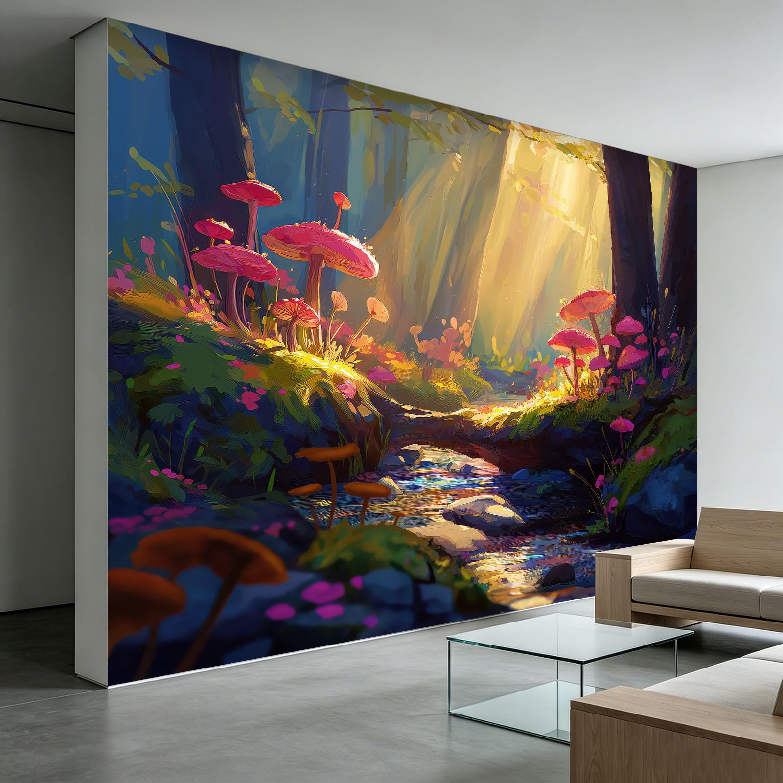 Tapeta z motywem lasu fantasy, 350 x 256 cm, tapeta, potok, mech, grzyby, tapeta na fizelinie, obraz ścienny, do pokoju dziecięcego, lounge, nowoczesna tapeta ścienna, dekoracja ścienna