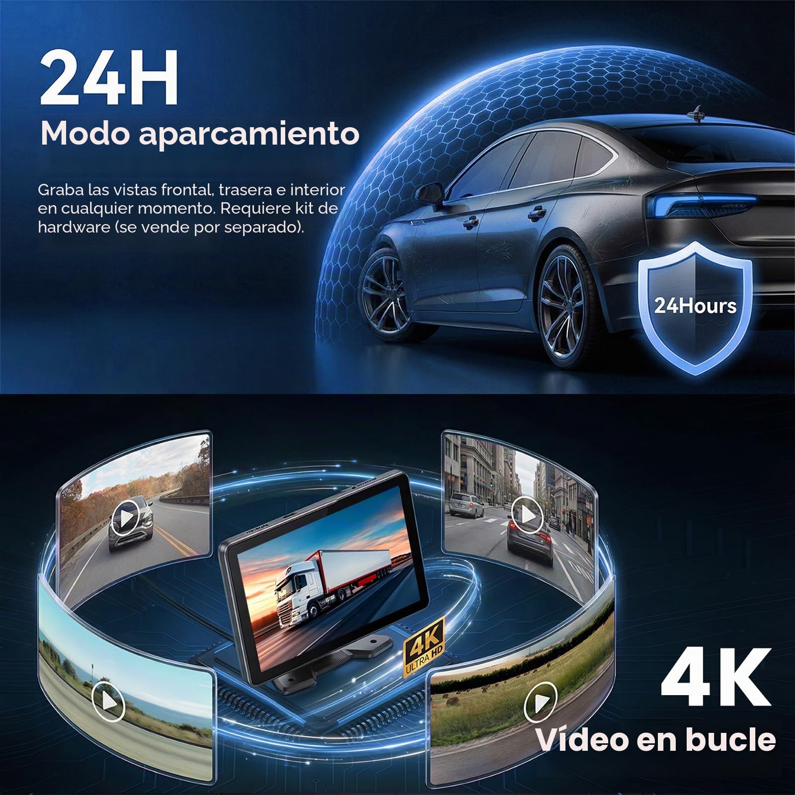 Hodozzy 4 Canales Cámara de Marcha Atrás Kit con 4K Grabación en Bucle, 10,1 Pulgadas IPS Divididas Monitor con 4 Cámaras, Impermeable Visión Nocturna Cámara Visión Trasera con BSD, Imagen Especular