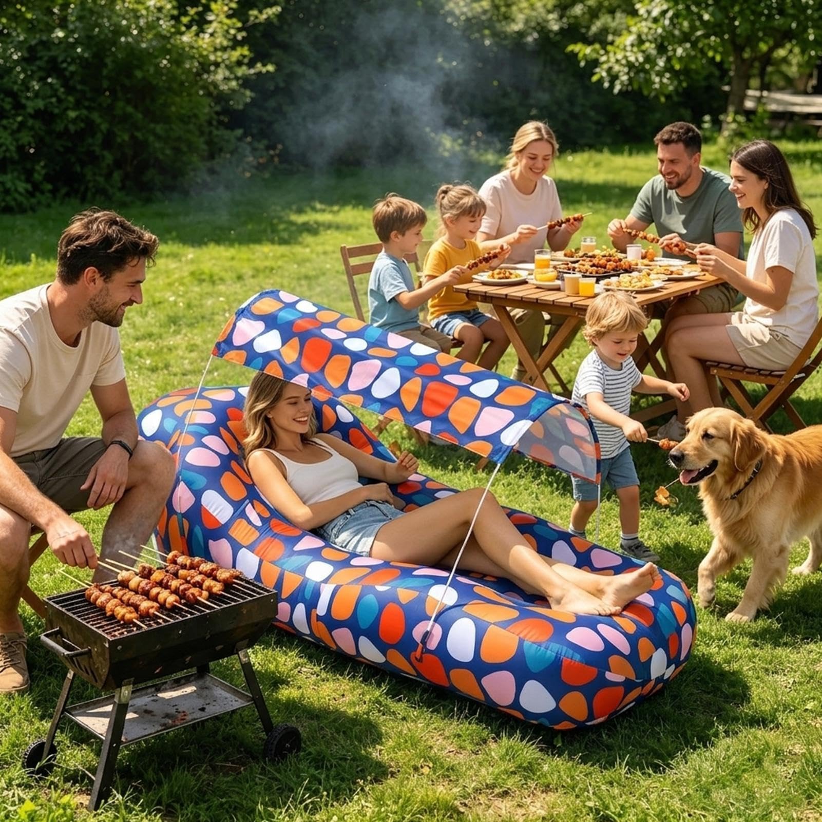 Aufblasbare Liege Camping Luftsofa mit integriertem Sonnenschutzdach | Luftcouch ohne Pumpe aufblasbar für den Einsatz draußen beim Camping Wandern Picknick Urlaub im Garten sowie am