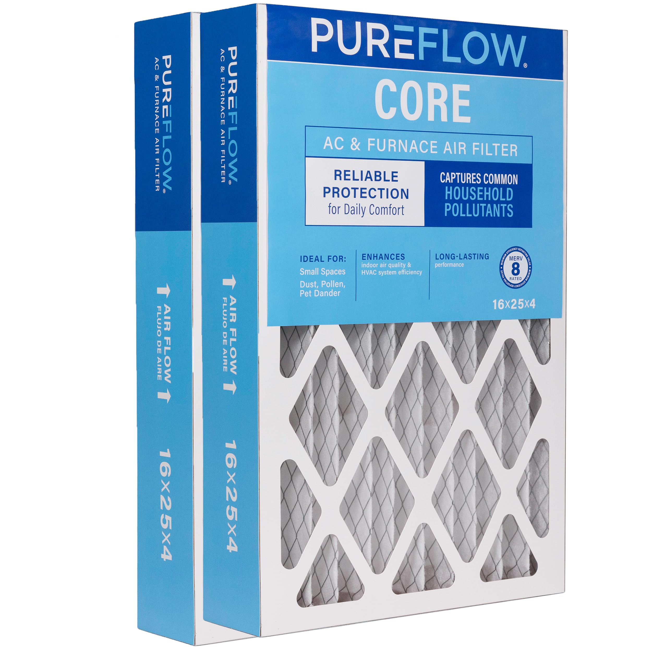 PUREFLOW MERV 8 - Filtro de aire para el hogar, filtro de horno de 16 x 25 x 4, filtración de alta eficiencia de 4 capas para polvo, humo, humos, contaminantes (paquete de 2)