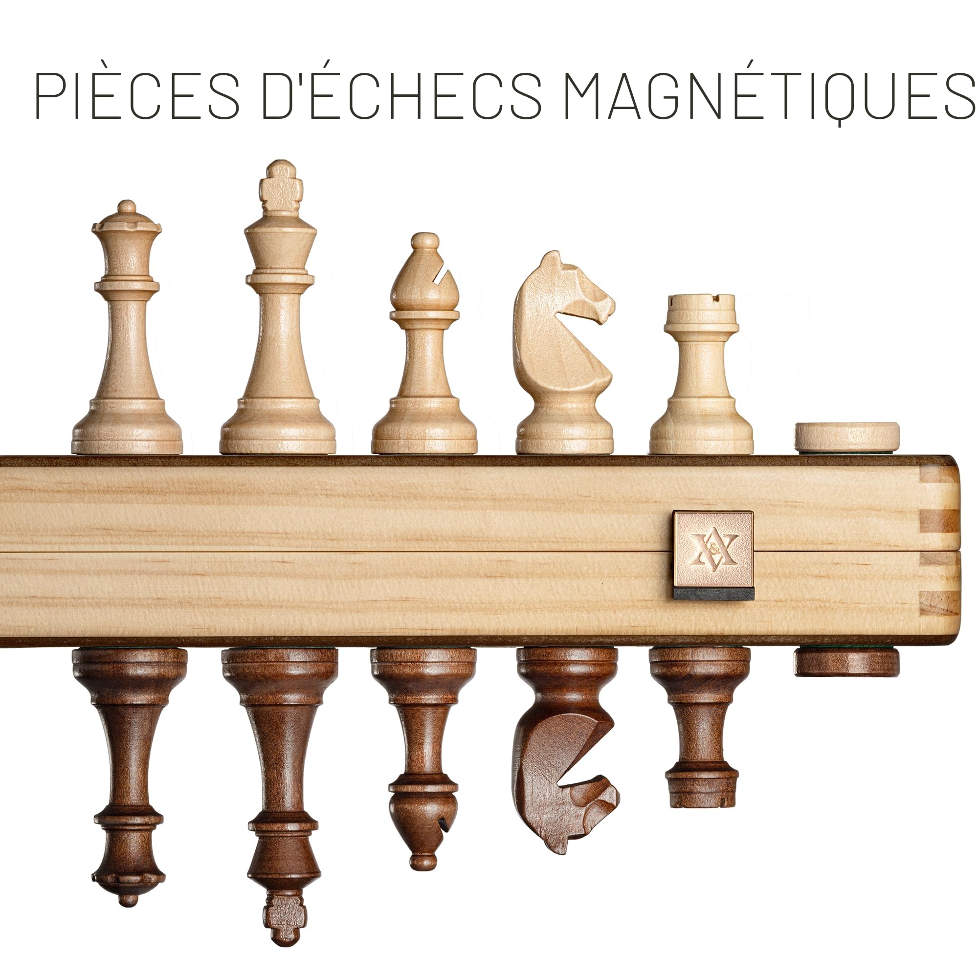 A&A Jeu d'échecs magnétique pliable en bois de 38,1 cm avec pièces d'échecs Staunton de 7,6 cm de hauteur - boîte en pin avec incrustation en acajou et érable