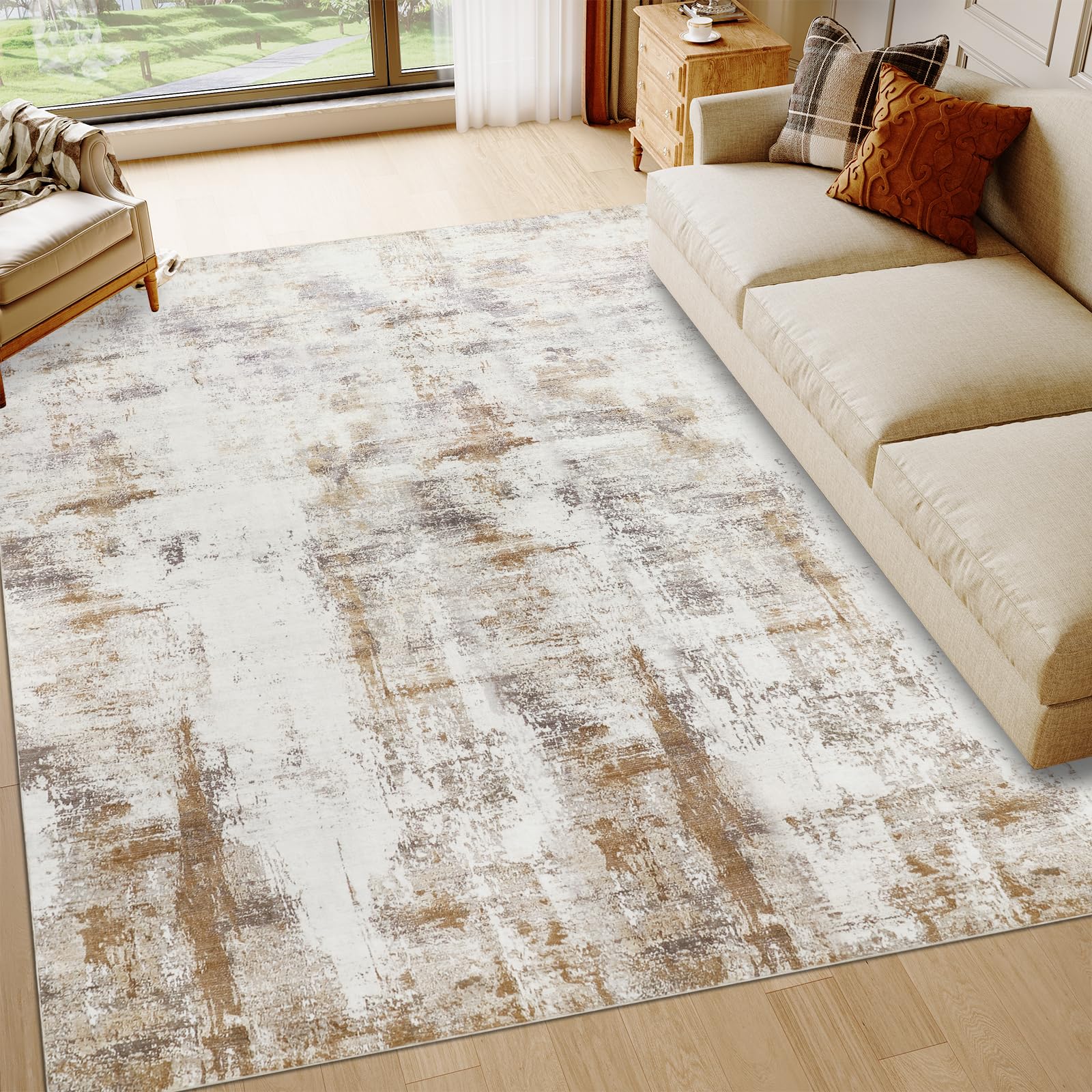 Famibay Living Room Rug 200 x 290 cm Short Pile Beige Brown Rug Bedroom Washable Modern Living Room Rug Fluffy Large for Living Room Bedroom Dining Room