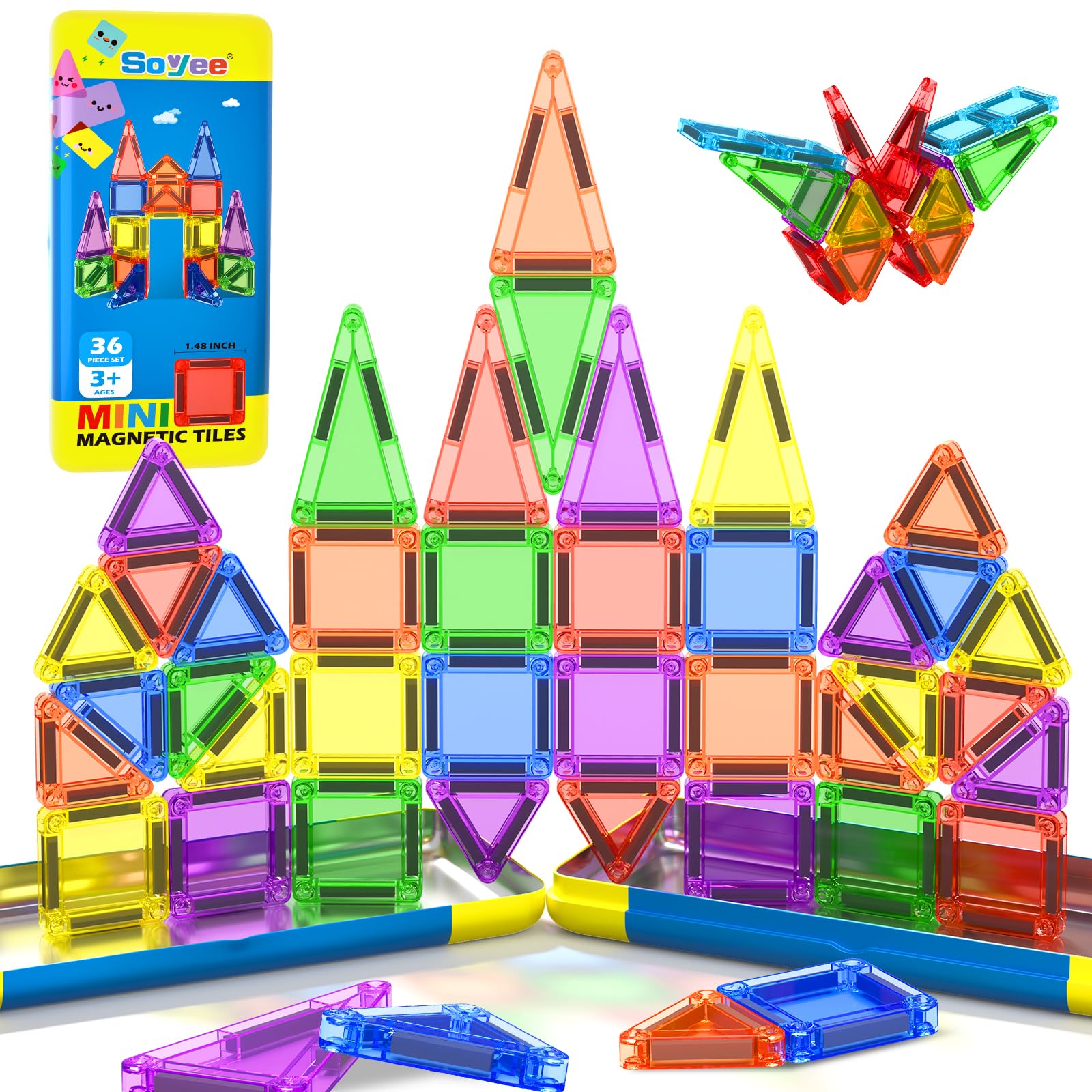 Mini Magnetic Tiles Travel Toddler Toys with Metal Tin Portable STEM Building Kids Toys for 3 4 5 6 7 8+ Years Old Boys & Girls & Birthday Gifts