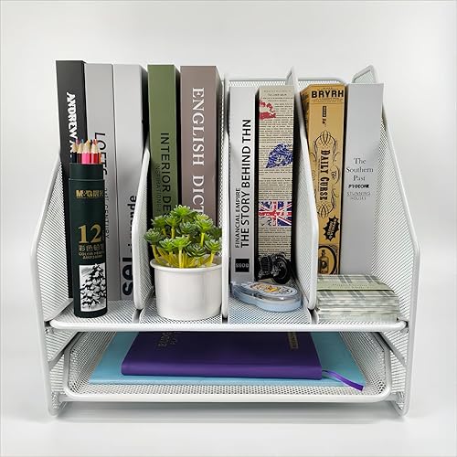 RHONZHAO Organizadores de escritorio con estante de archivos, organizador de escritorio de malla, organizador de escritorio de suministros de