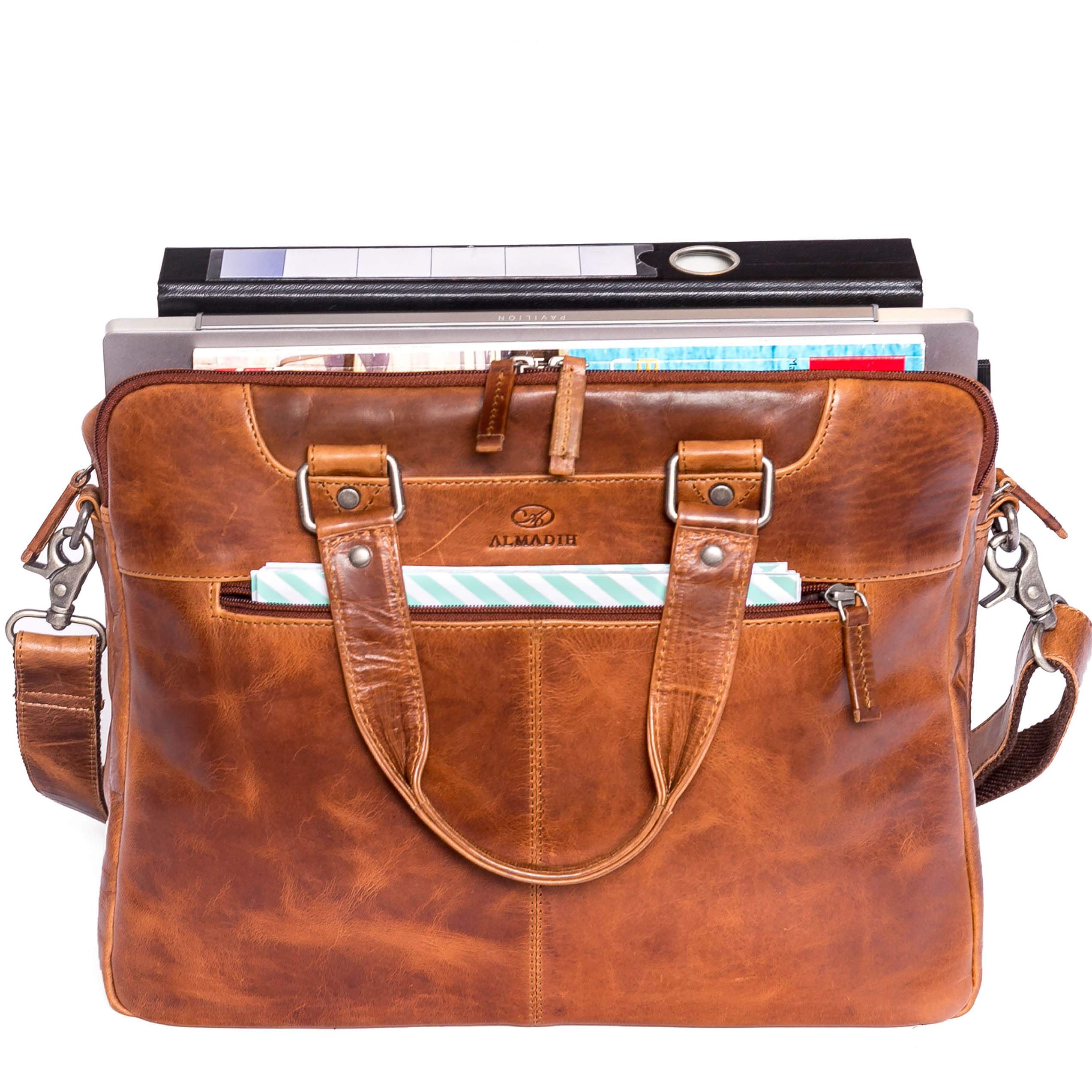 ALMADIH Luca - Maletín de piel para ordenador portátil, piel de vacuno premium, bolso de negocios, bolso de hombro, bolso de mano, bolso de mano, bolso de mano, bolso de mano
