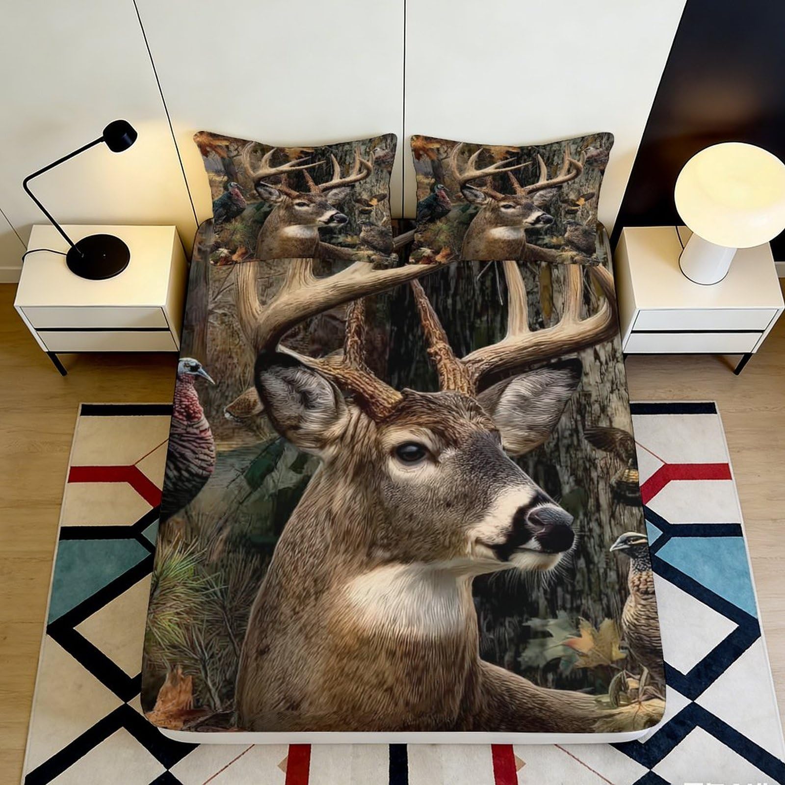 3D Printed Forest Deer Fitted Sheet Microfiber Soft Breathable Woodland Antler Mattress Cover Bedroom Dorm Decor 90x200x25cm
