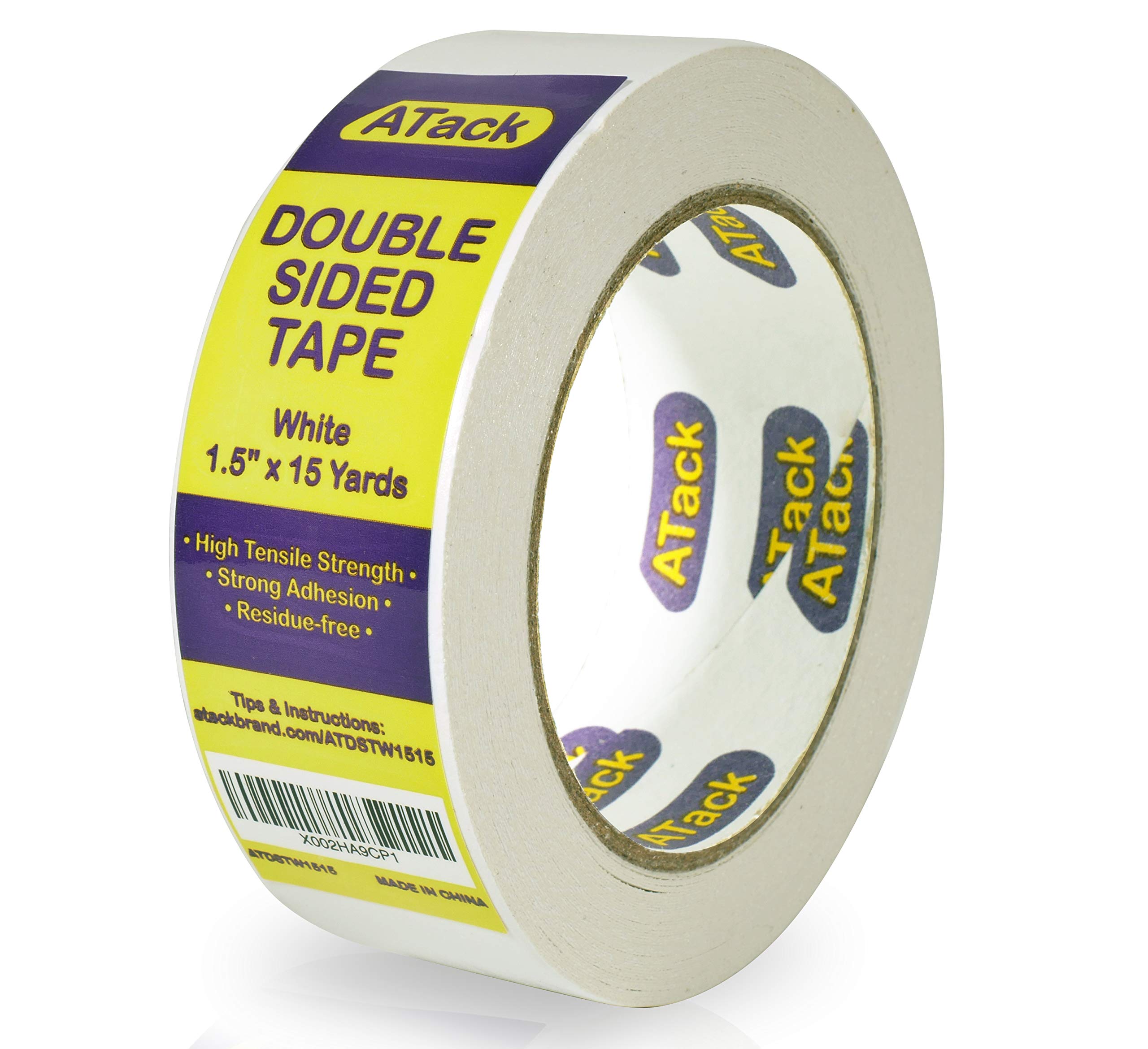 ATack Double-Sided Tape White, 1.5 Inches x 15 Yards, Heavy Duty Double Sides self Sticky Wall Fabric Tape for Wood Templates, Furniture, Leather, Curtains and Craft