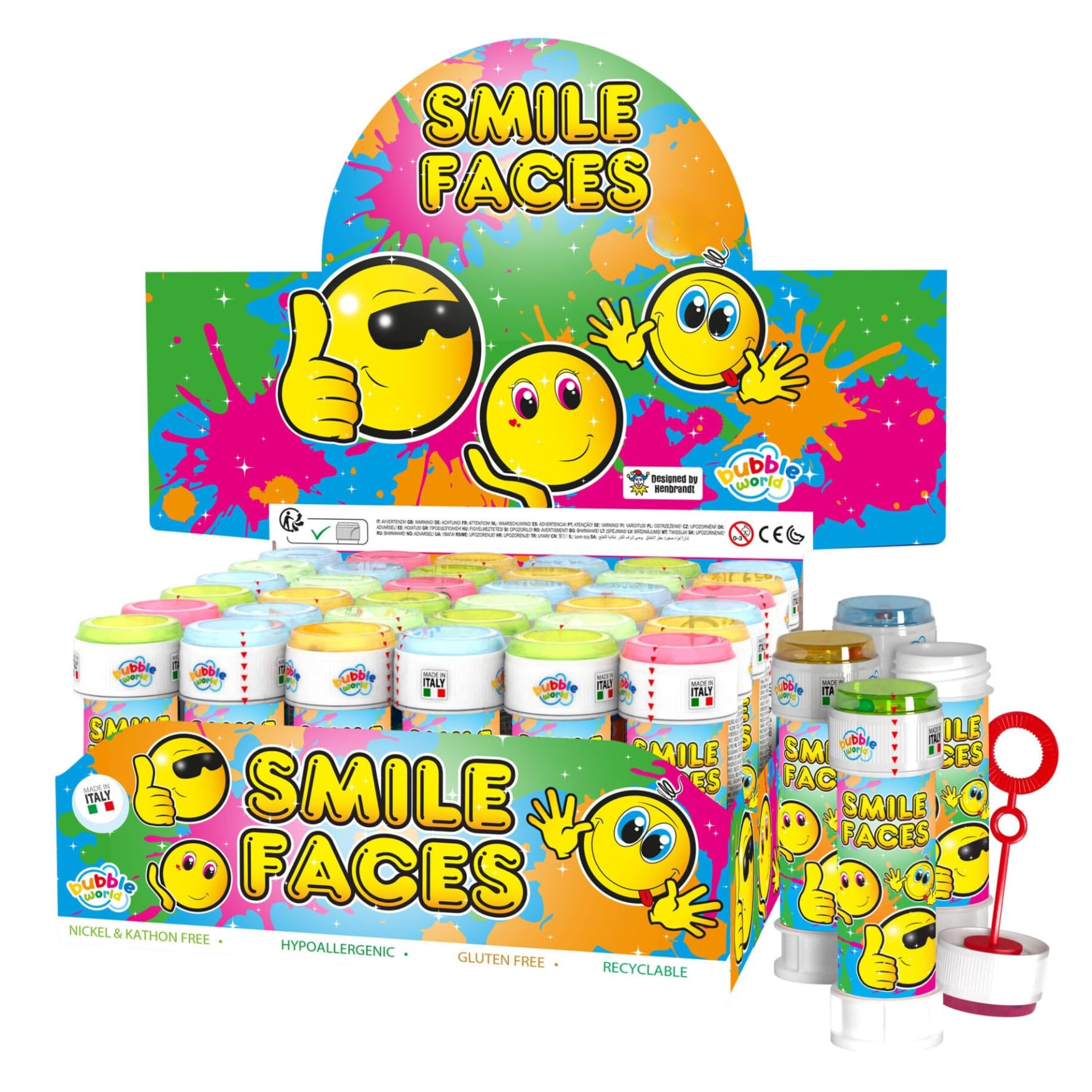 Smile Faces Bubble Tubes with Wands 36 x 60ml Kids Bubble Toys Party Bag Fillers Birthday Party Favours Lucky Dip Prizes School Events Bubble Tubes Age 3+