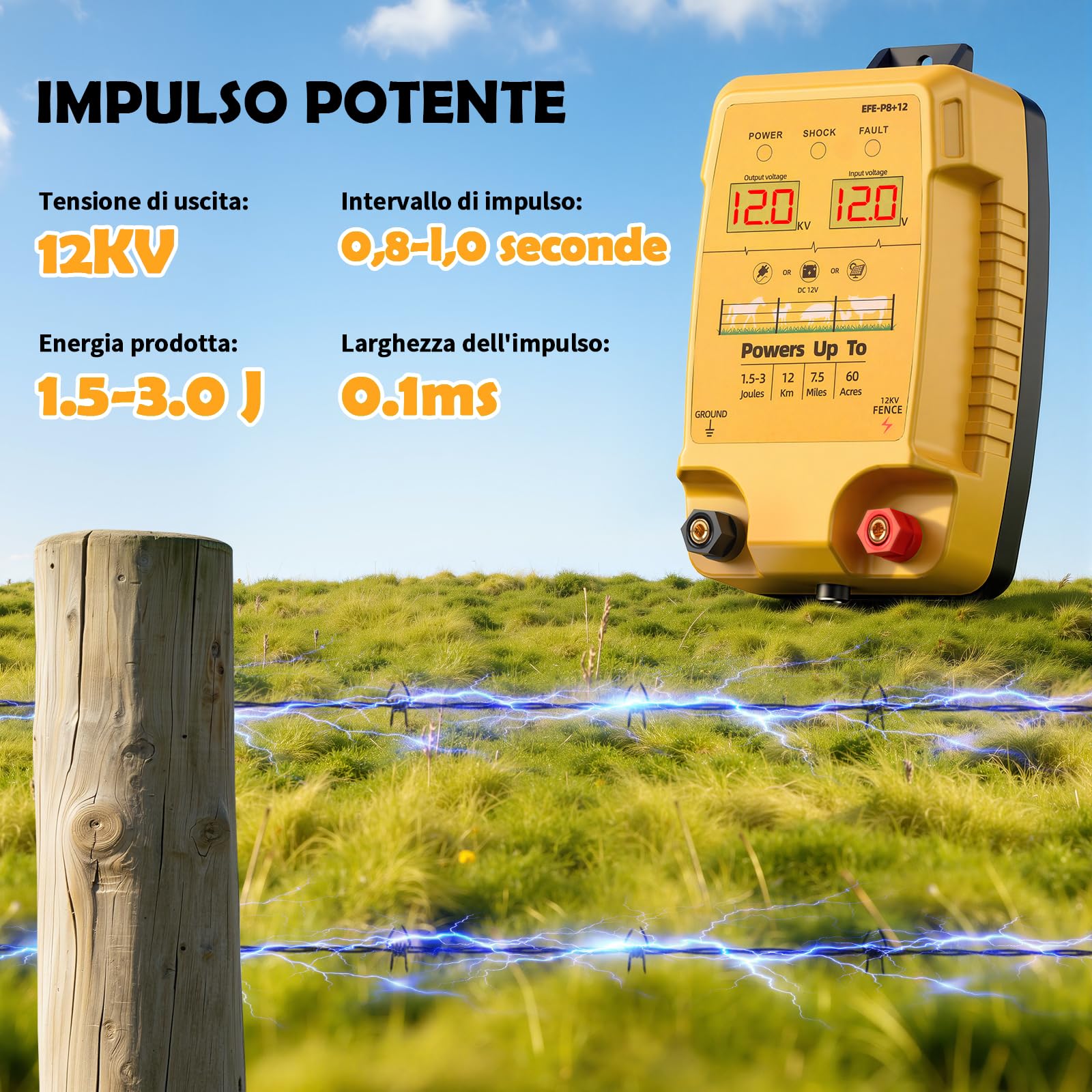 12KM Elettrificatore per Recinzione Elettrica, 12 kV 3,0 J Tensione di Uscita Recinto Elettrico per Animali con Schermo LCD, Protezione per Cavalli, Pecore, Giardini, Pascoli e Fattorie (Arancione)