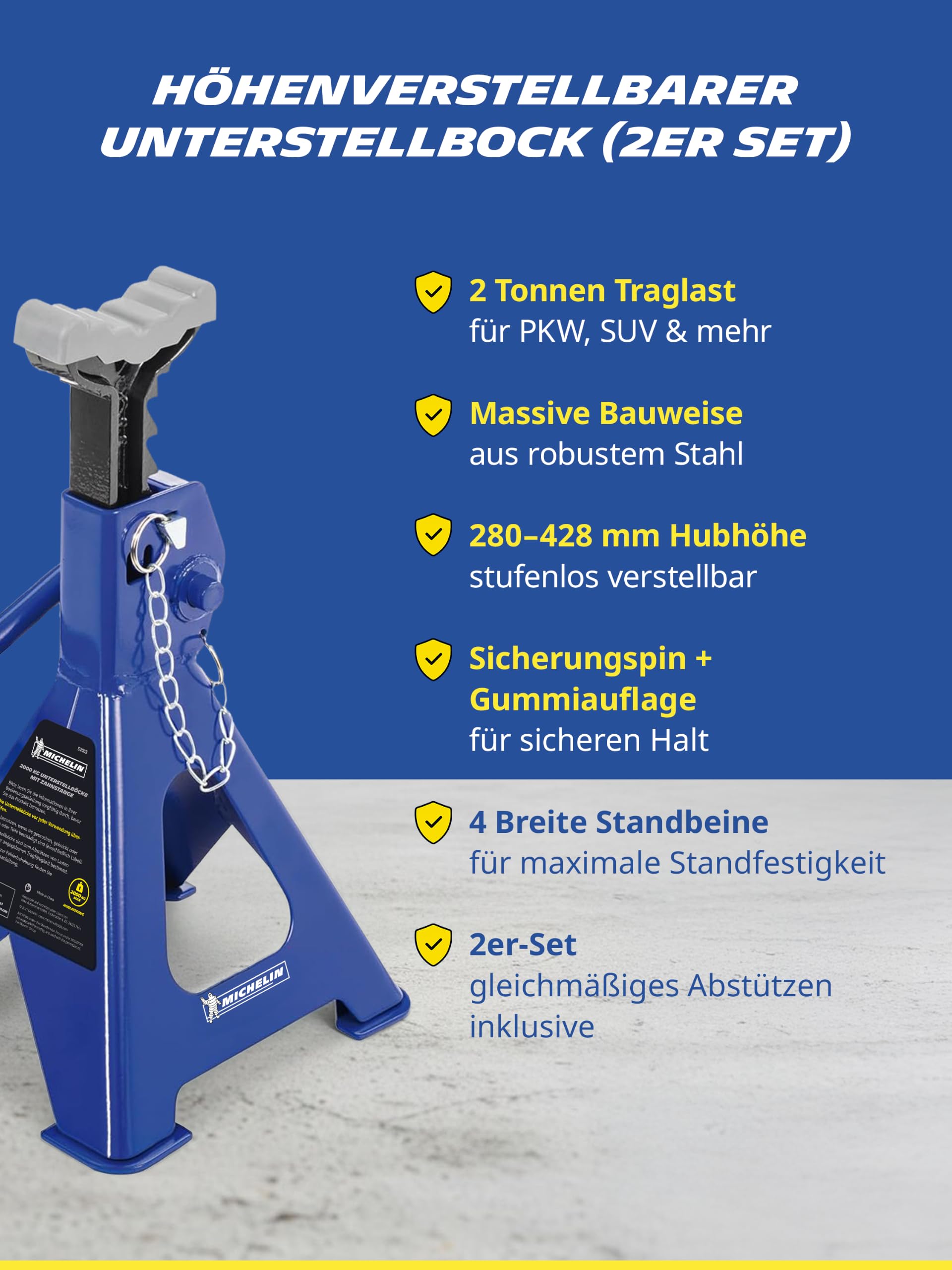 MICHELIN Unterstellbock 2er Set 2t Traglast höhenverstellbar Auto SUV Wagenheberbock Stützbock mit Zahnstange Sicherung stabile Stahlkonstruktion Werkstattqualität | Auto SUV Wagenheberbock Stützbock mit Zahnstange Sicherung stabile Stahlkonstruktion Werk
