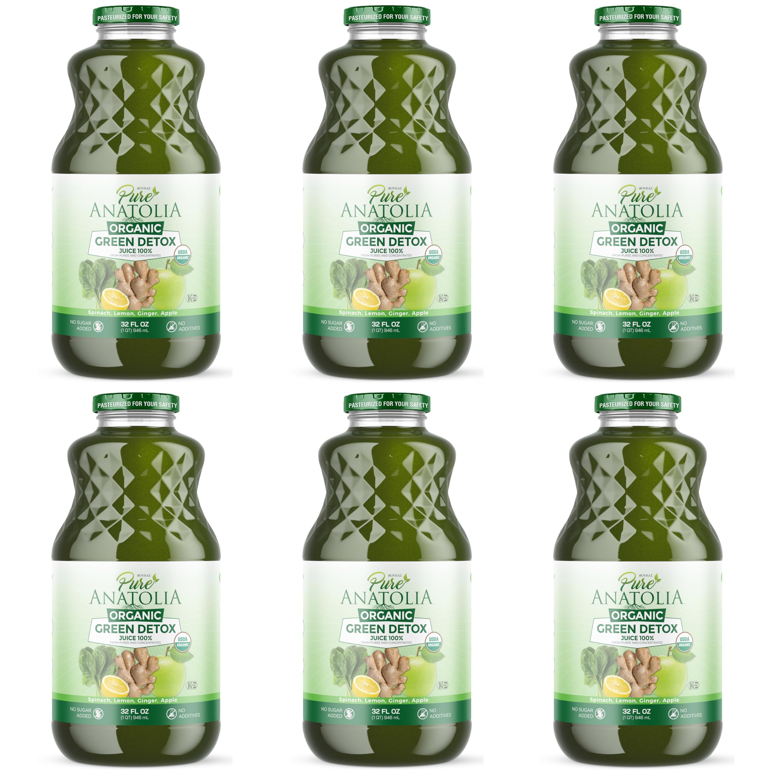 Organic Green Detox Juice by Pure Anatolia, Apple Spinach Lemon Ginger mix juice, USDA Organic Fruit and Vegetables Juice, Vegan, No added Sugar Pack of 6