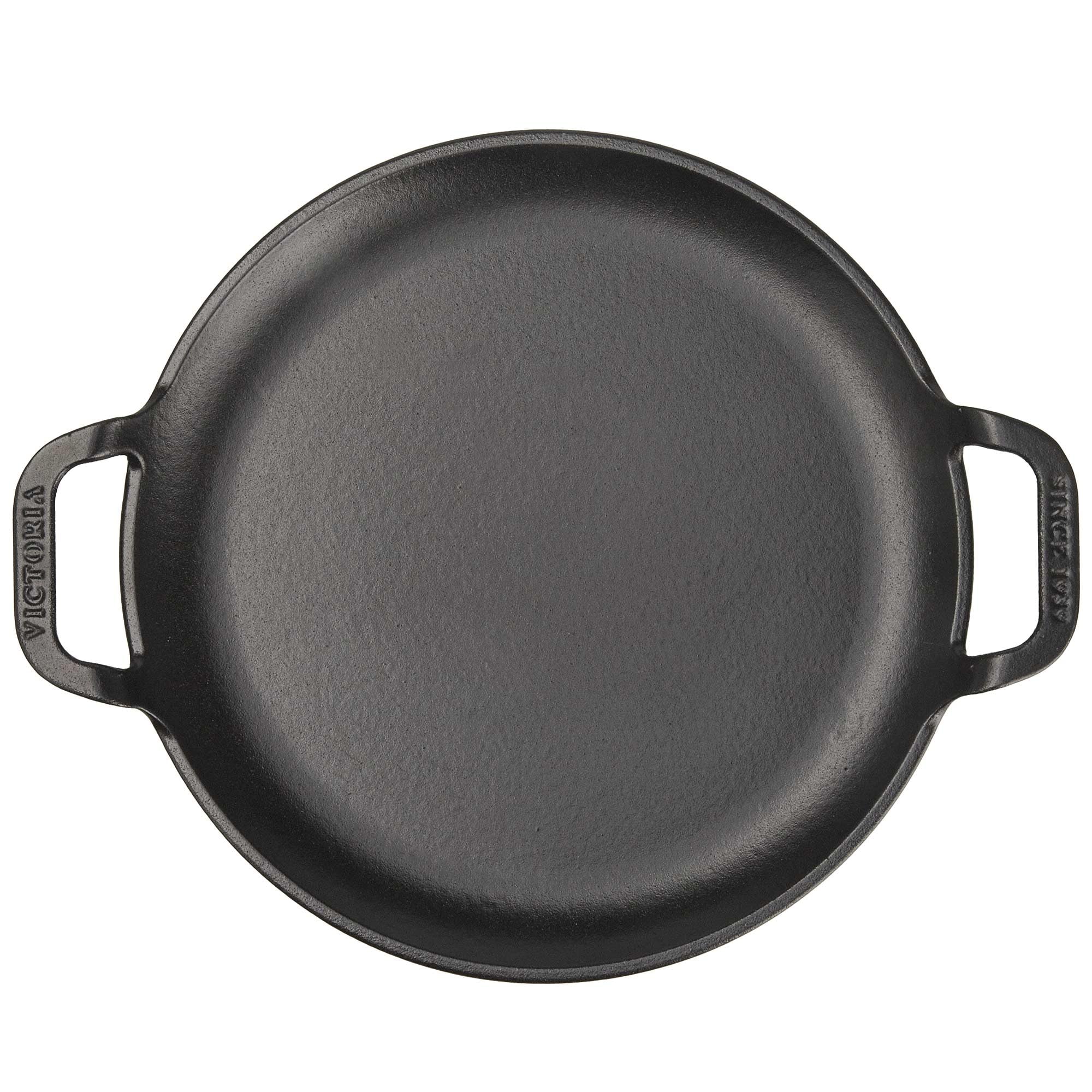 Victoria Teglia per Pizza Ghisa Smaltata, Induzione Piastra per Grigliare 25cm con Manici per Fuoco, Barbecue, Forno, Vetroceramica, Gas, Comal Priva di Sostanze Tossiche e senza PTFE