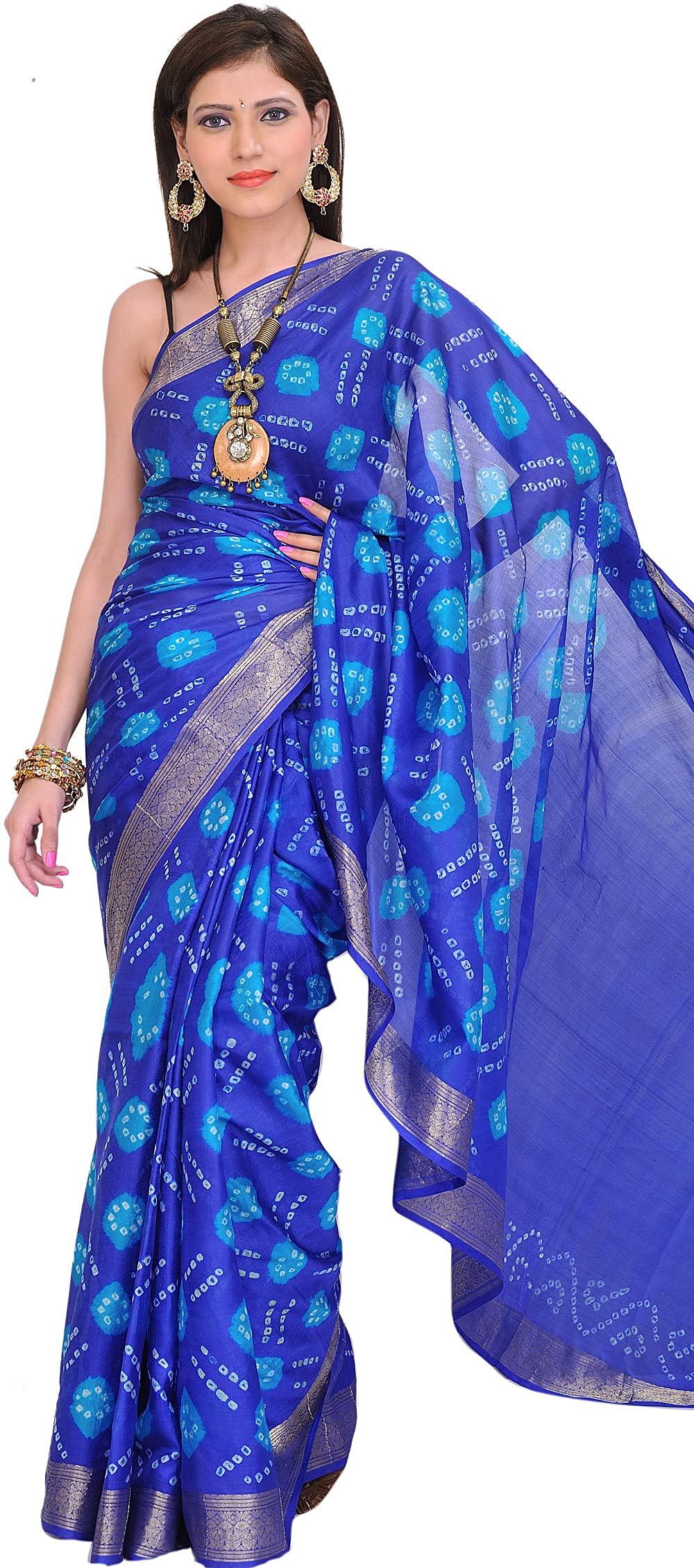 Exotic India Vibrant Bandhani Tie-Dye Sari from Gujarat with Brocade Border