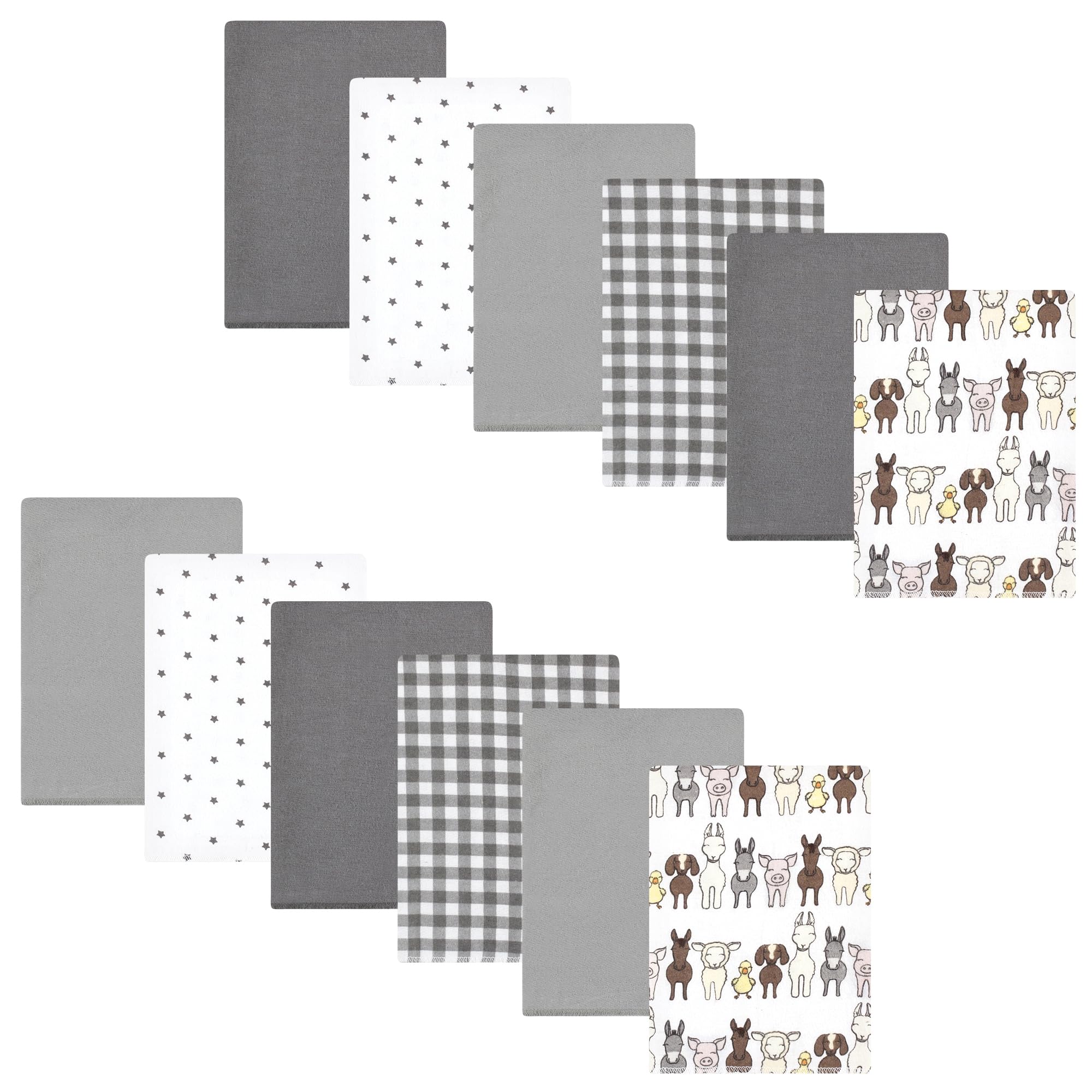 Hudson Baby Unisex Baby Cotton Poly Flannel Burp Cloths Bundle, Farm Friends Grey, One Size