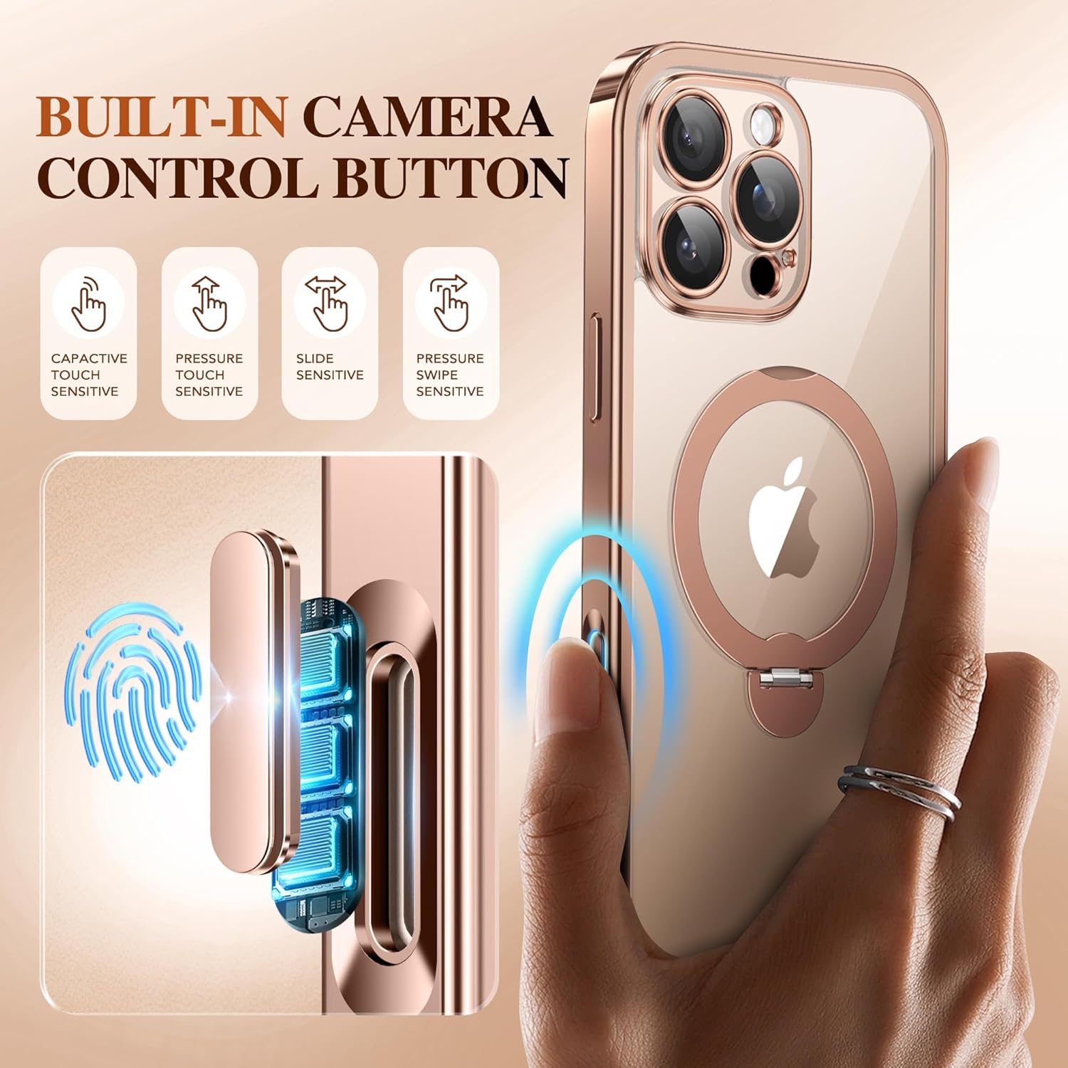 BERFY for iPhone 16 Pro Max Case, Compatible with MagSafe, Built-in 9H Tempered Glass Screen Protector and 360 Spin Magnetic Stand, Full Body Shockproof Clear Phone Case for 16 Pro Max 6.9", Rose Gold - Image 2