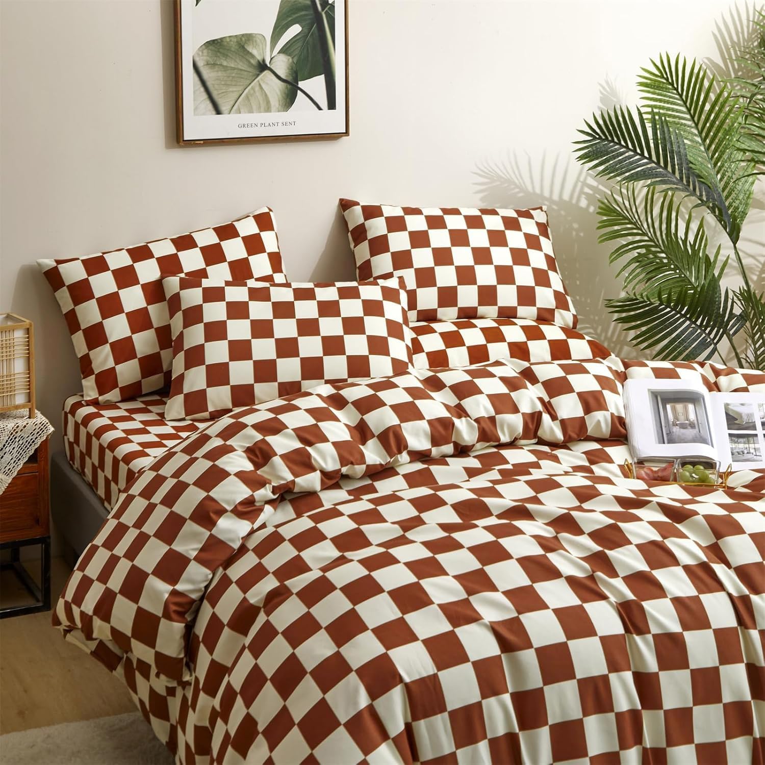 KAREVER Pumpkin Grid Bed Sheet Set White Checkered 4 PCs Bedding Sheet Set 1 Fitted Sheet 1 Flat Sheet with 2 Pillowcases Pumpkin Color Plaid Sheet Full Size - Image 5