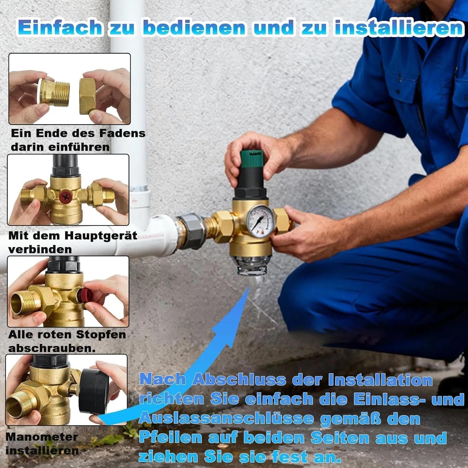 Réducteur de pression d'eau 3/4", réducteur de pression avec manomètre et filtre à tamis, jauge de pression d'eau pour eau potable