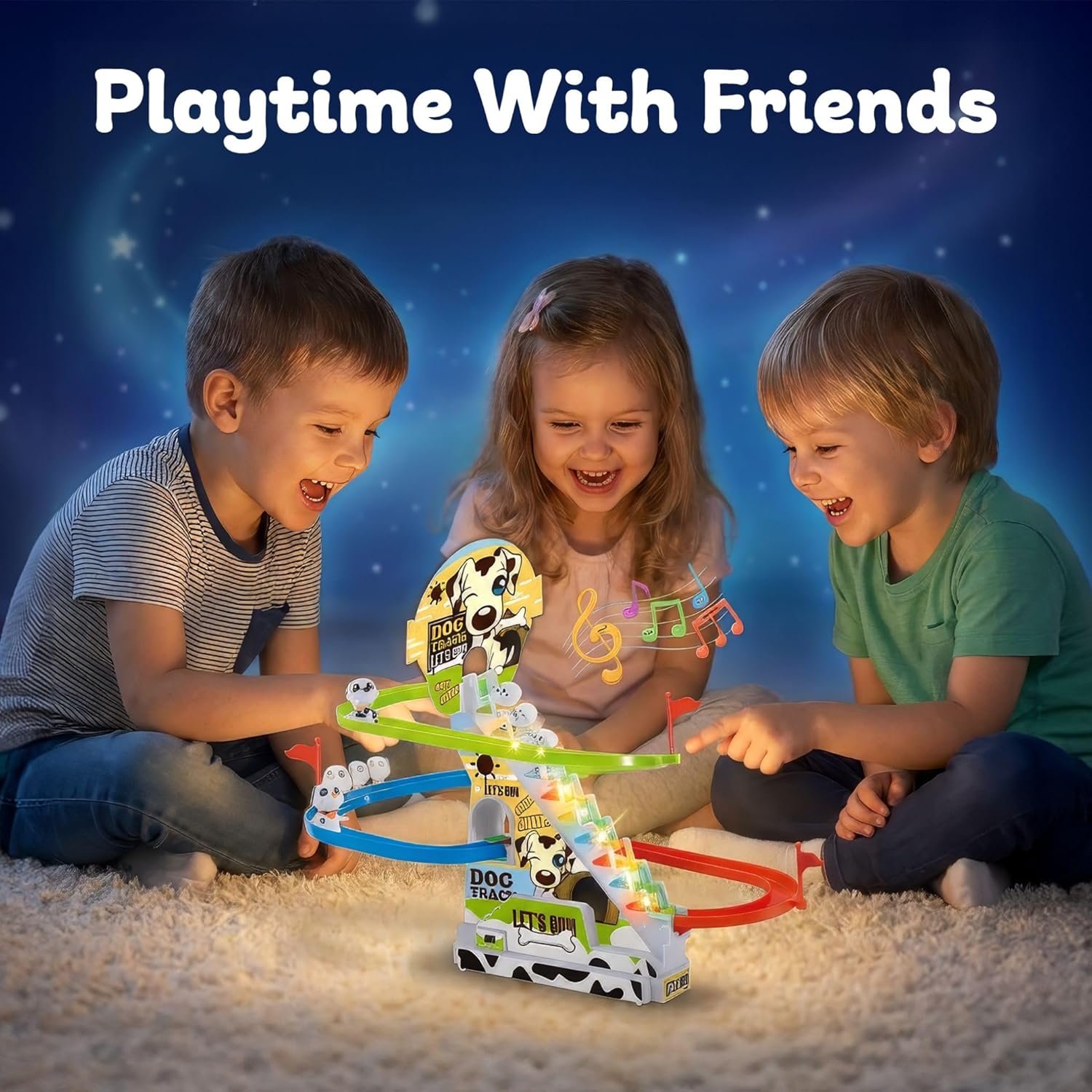 Dalmatian Racer Climbing Stairs Slide Toy - Spotty Dog Race Track Puppy Chasing Roller Coaster Game Set with LED Lights and Music for Toddlers, Kids