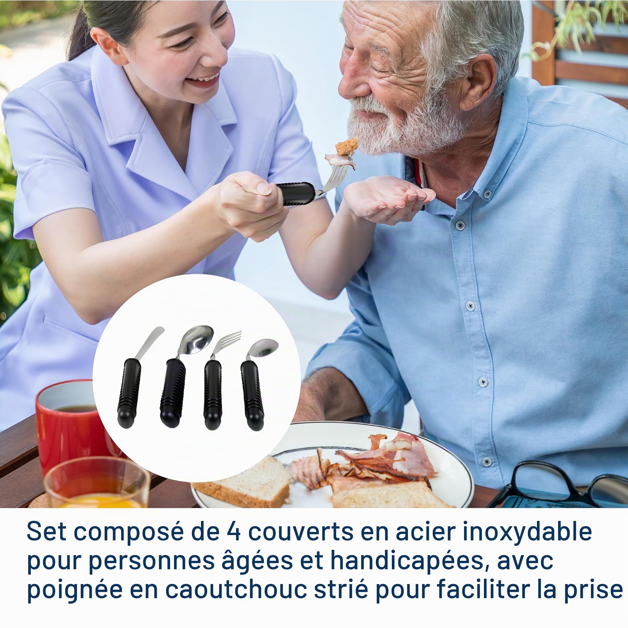 Gima - Set de 4 Couverts Easy Grip, Façonnables, pour Personnes Âgées, Fourchette, Couteau, Cuillère et Cuillère à Café, Manche Large Antidérapant, Caoutchouc avec Grip pour une Prise Facile